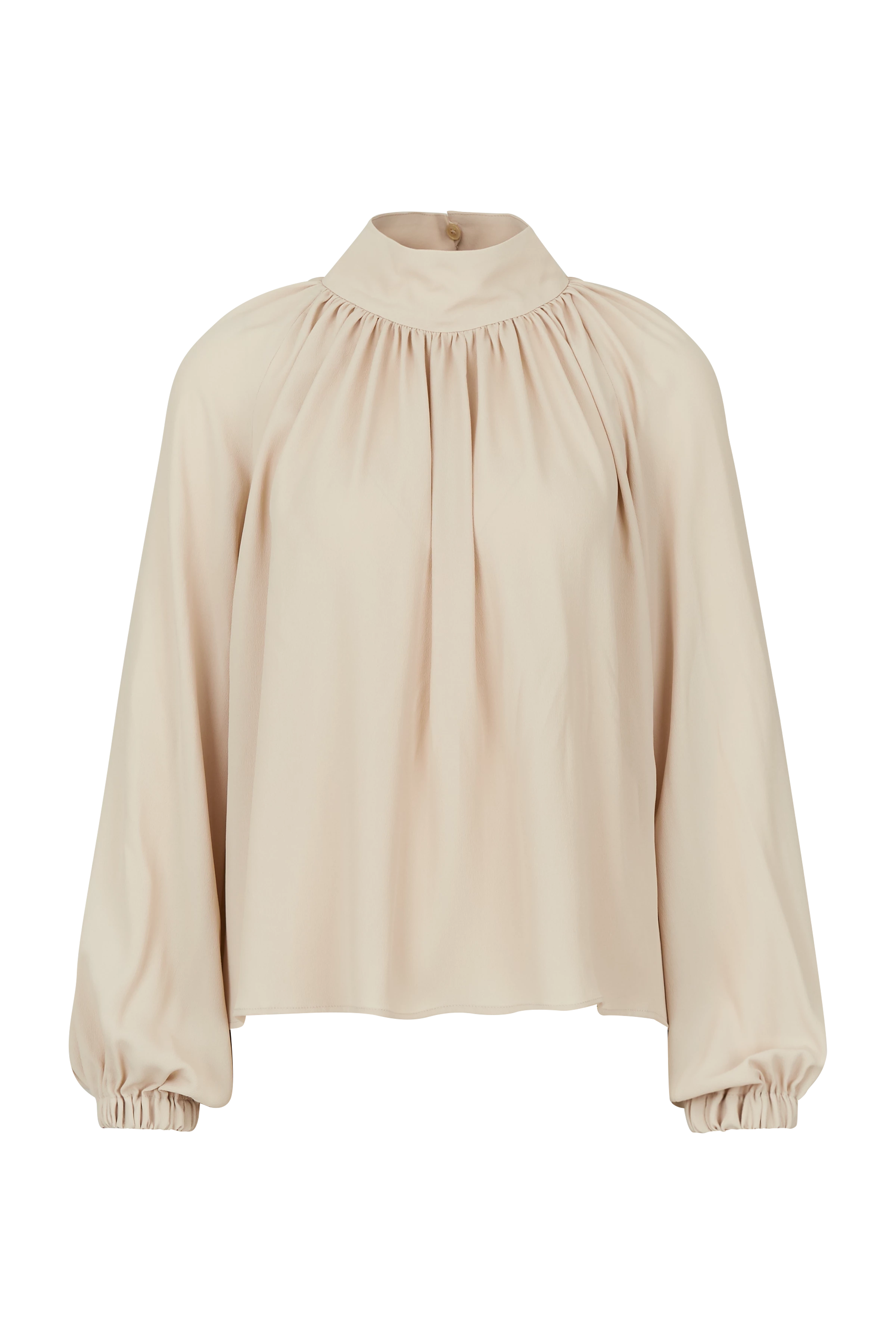 DUMONDA - Boho-Bluse mit Stehkragen in fließendem Seidenmix - Damen - beige - Freisteller Frontansicht