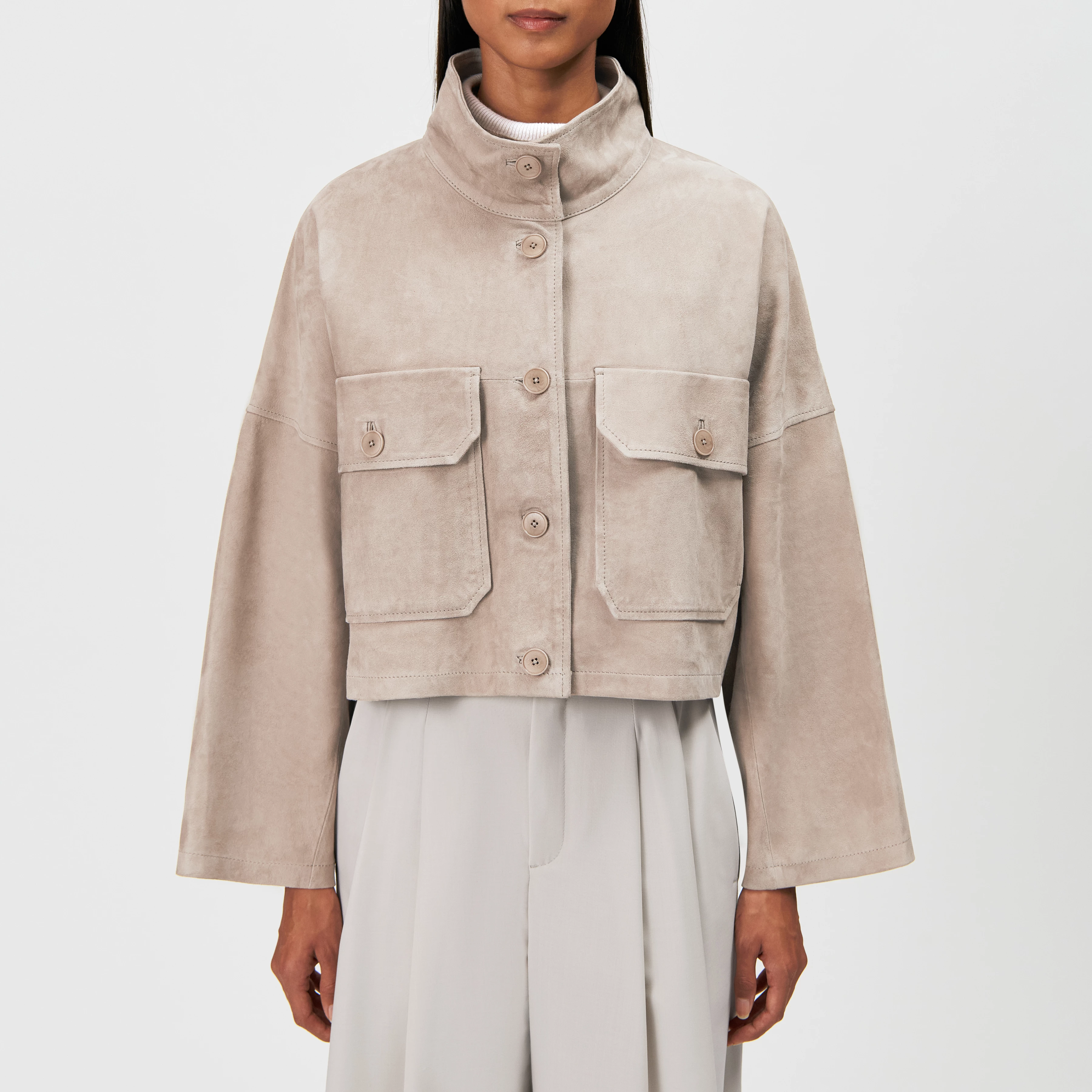 ARKLOW - Short leather jacket with stand-up collar - women - beige - Frontansicht