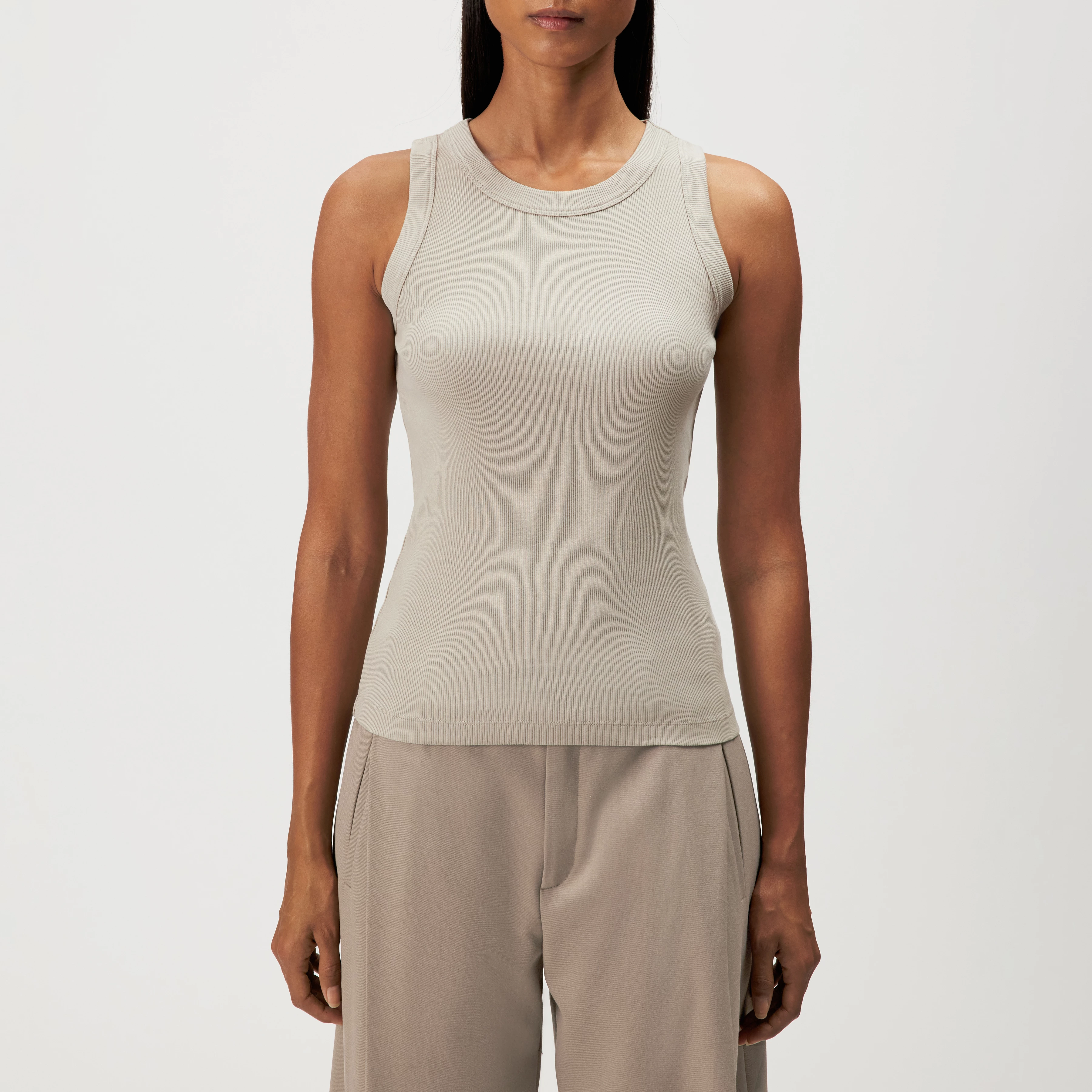 OLINA - Cotton ribbed crew neck tank top - women - beige - Frontansicht