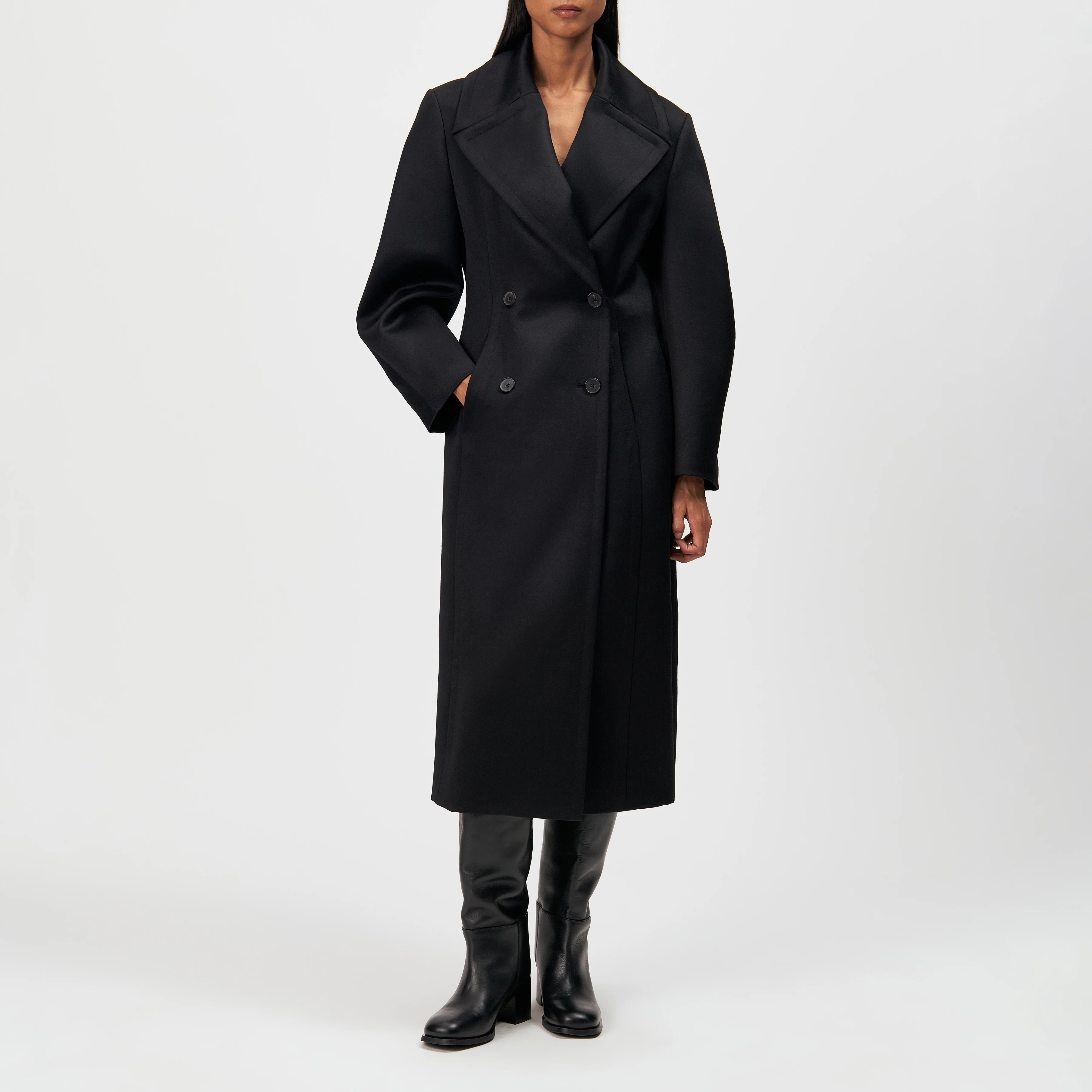 RISELY - Long double-breasted pure new wool coat - women - black - Frontansicht