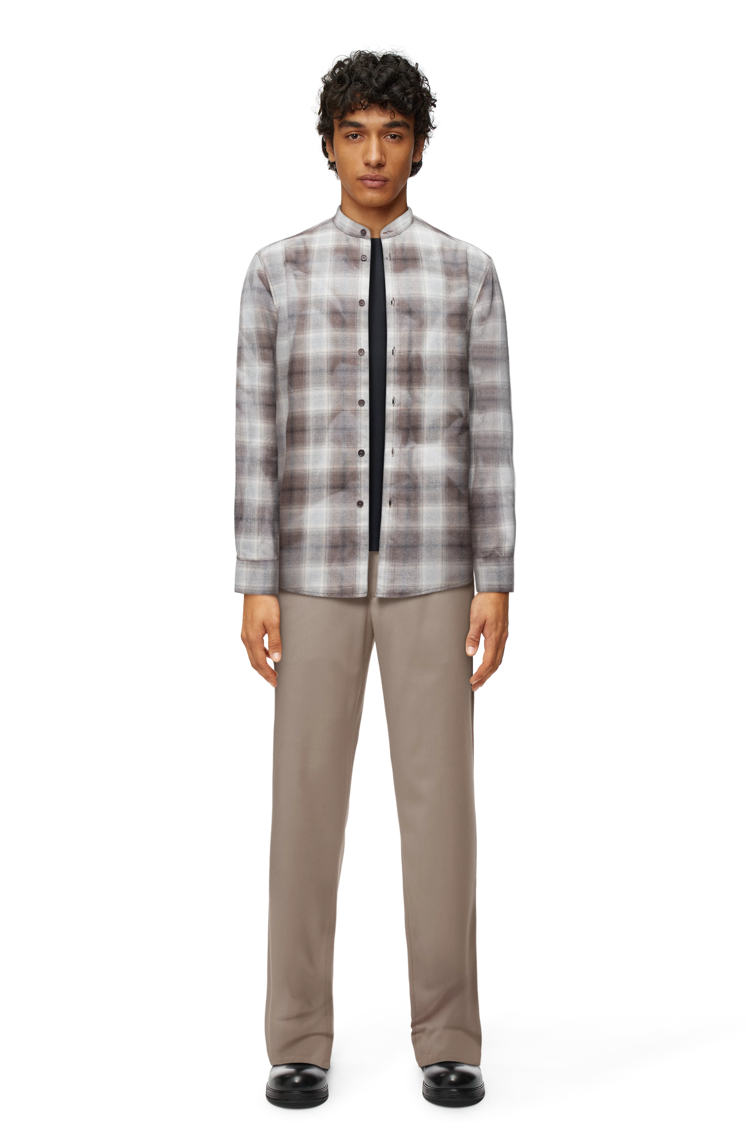 TALOC - Overhemd met opstaande kraag in viscosemix flanel - heren - bruin - Ganzkörper-Frontansicht