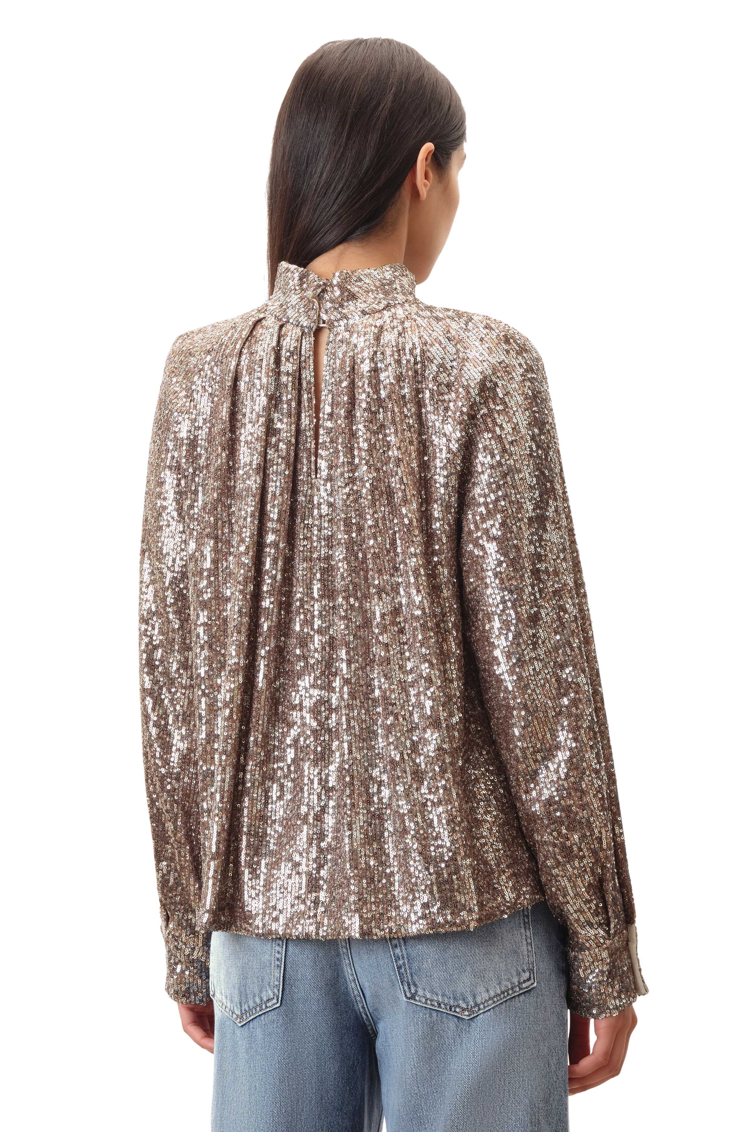 DRUNA - Bluse mit Stehkragen in bedruckter Paillette - Damen - braun - Rückansicht