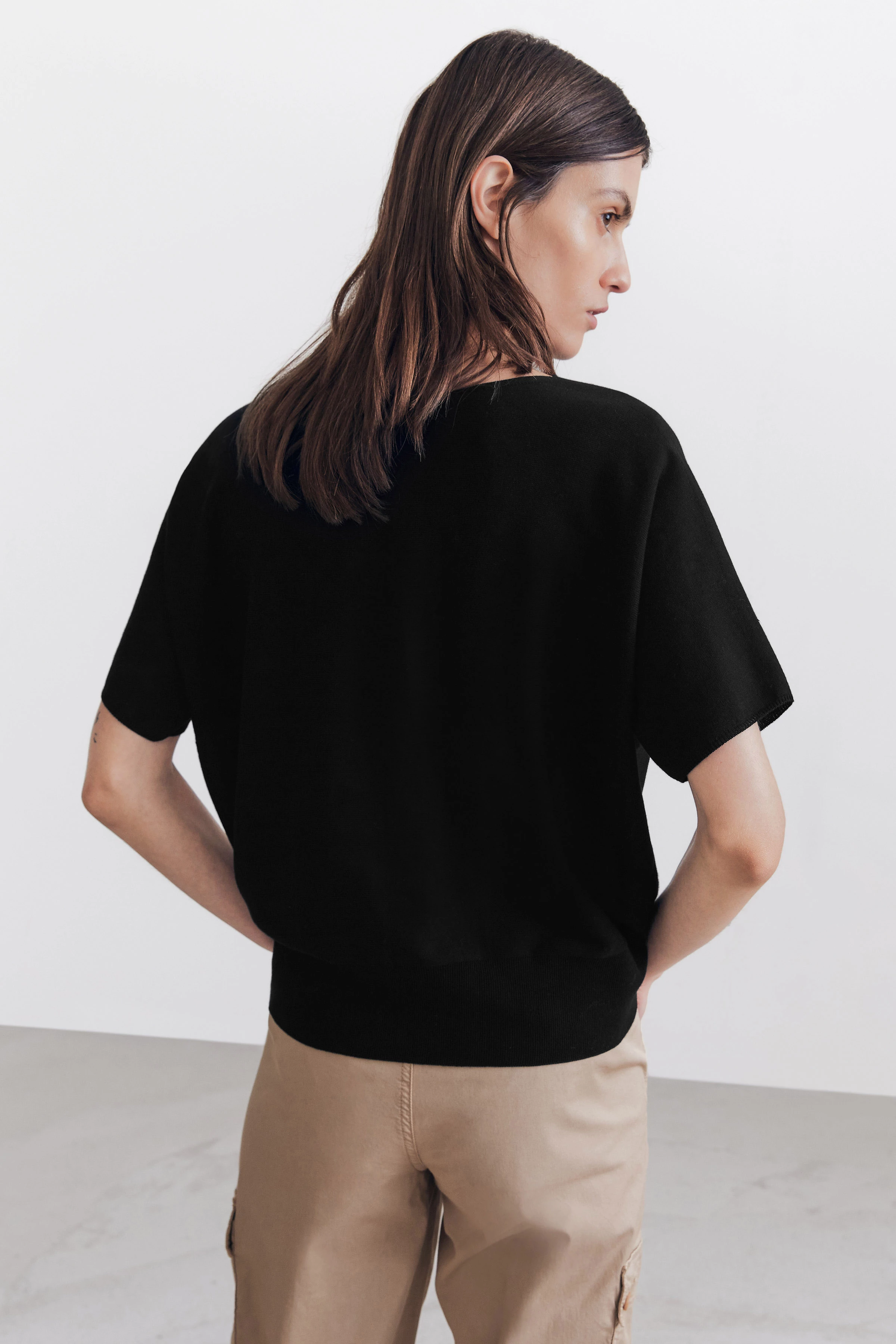 SOMELI - gebreid katoenen t-shirt - dames - zwart - Rückansicht