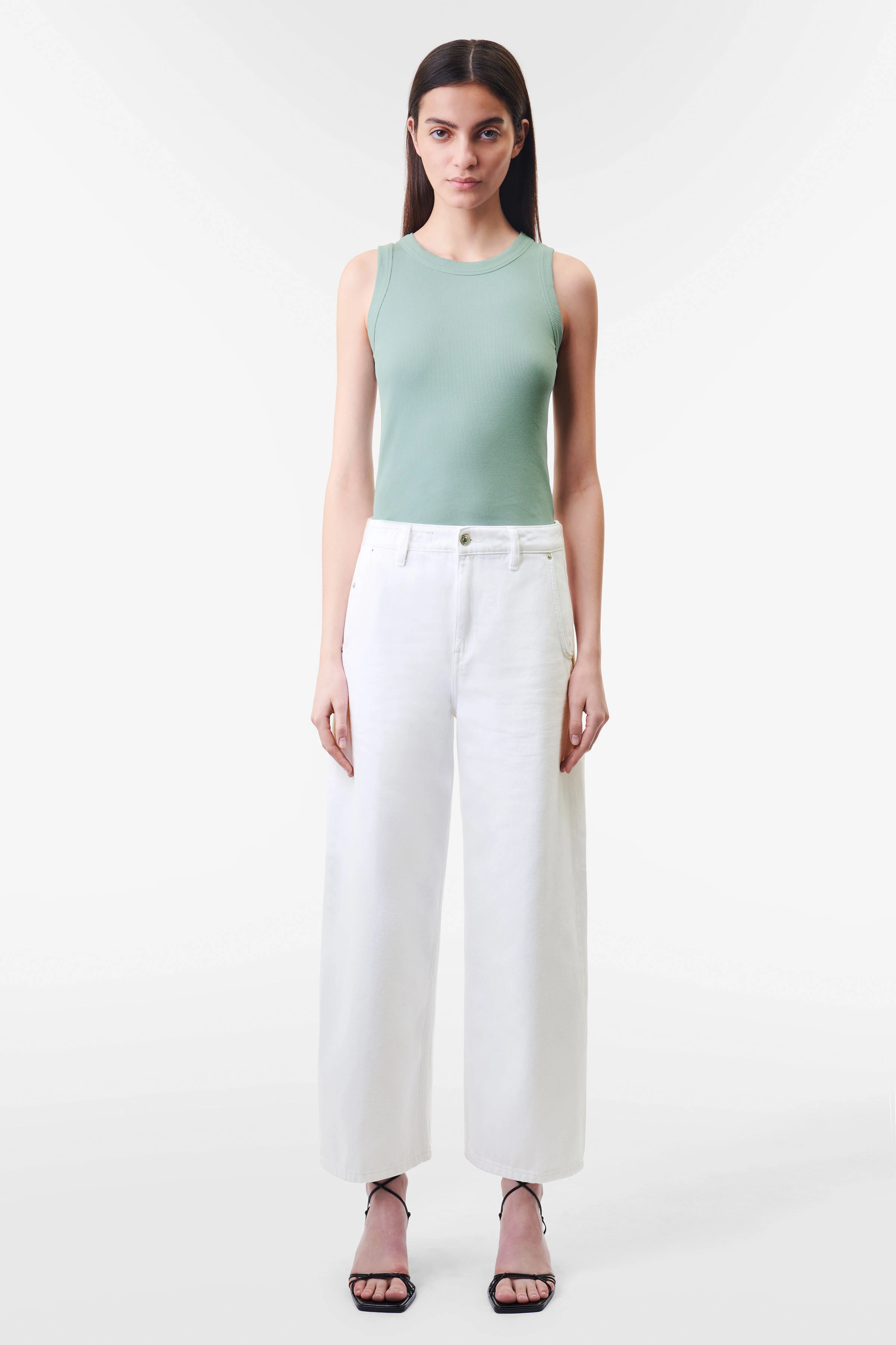 OLINA - Tanktop mit Rundhals in Baumwoll-Rippe - Damen - grün - Ganzkörper-Frontansicht