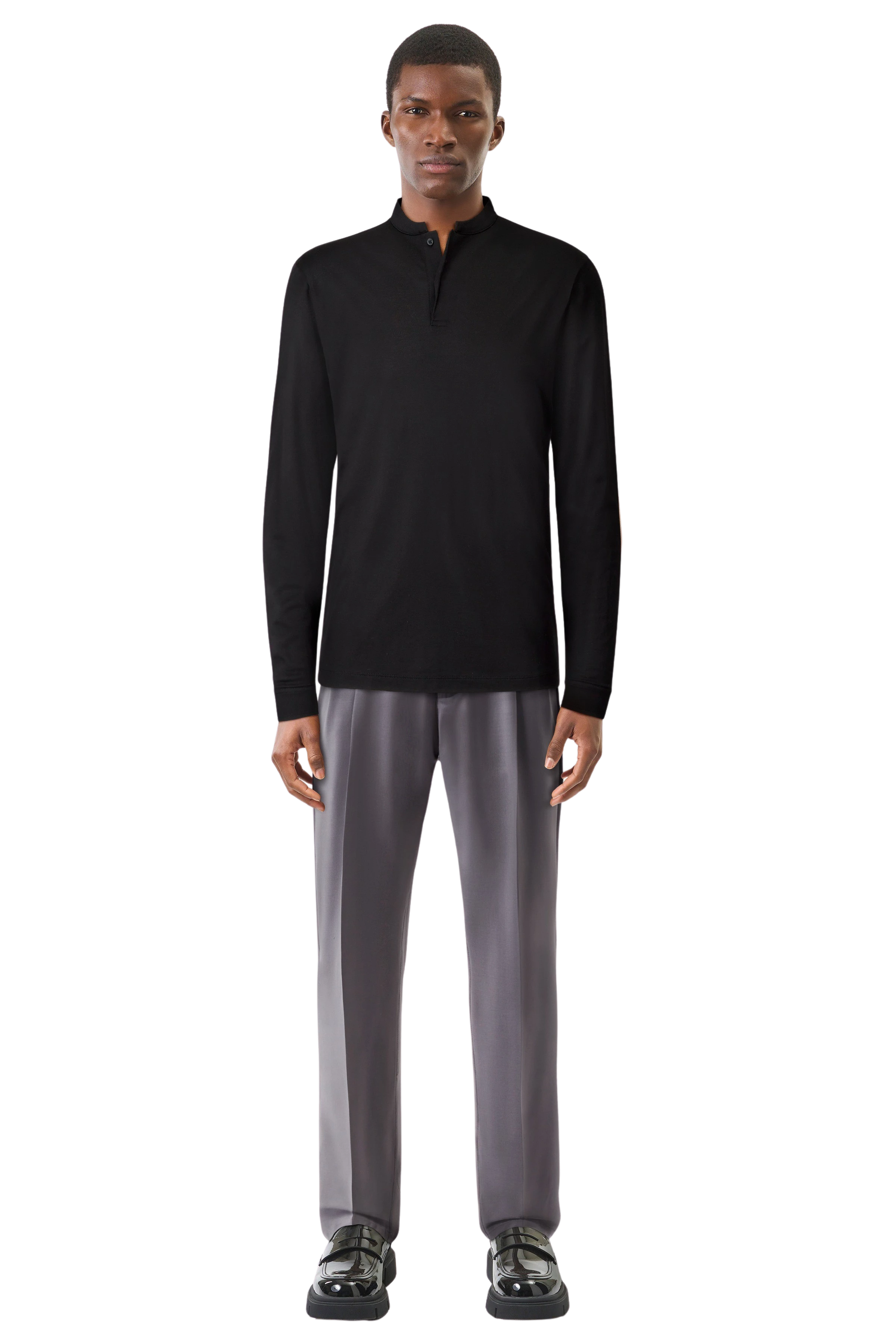 KENO - Longsleeve in piqué - heren - zwart - Ganzkörper-Frontansicht