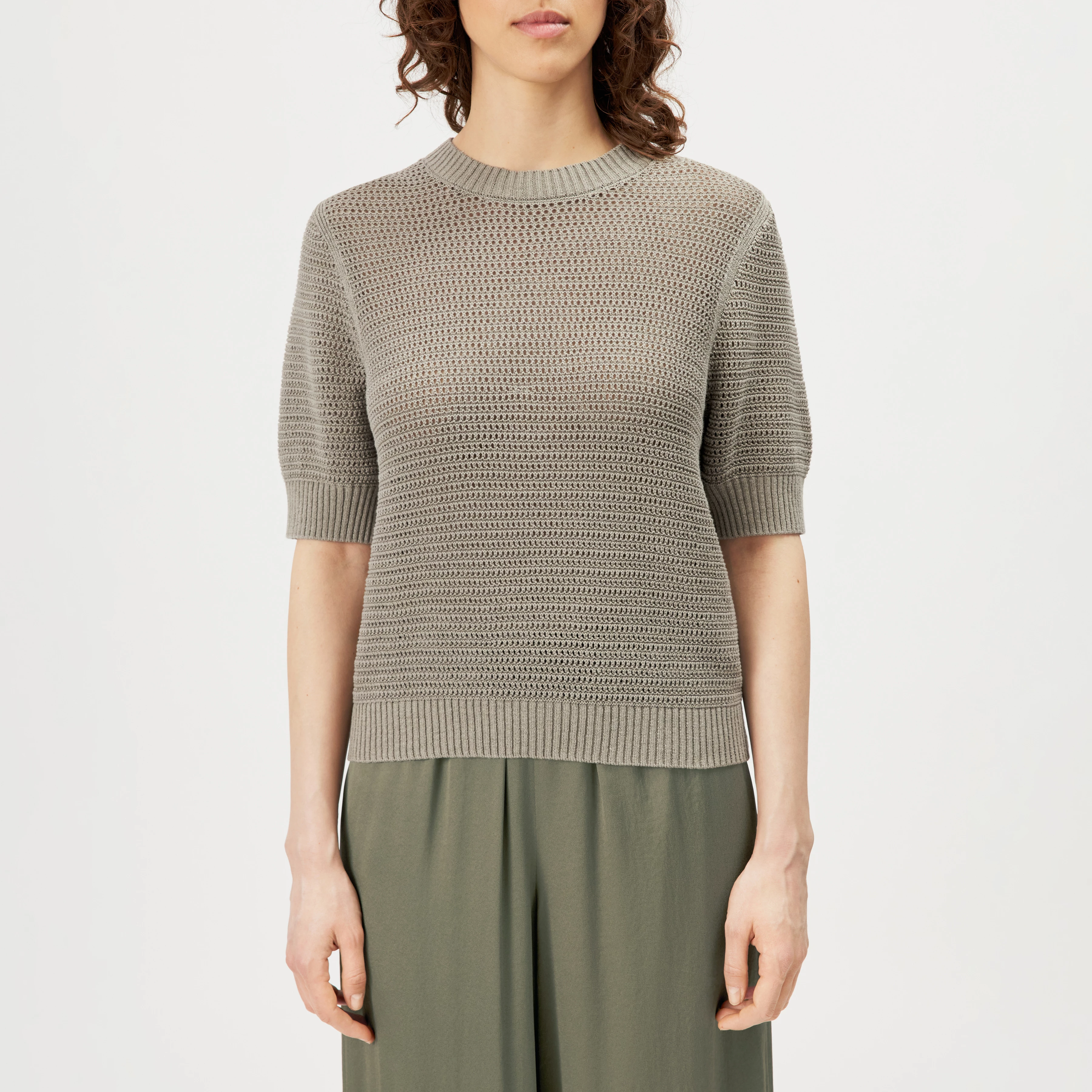 SANIDY - Chunky knit short sleeve in cotton blend - women - green - Frontansicht