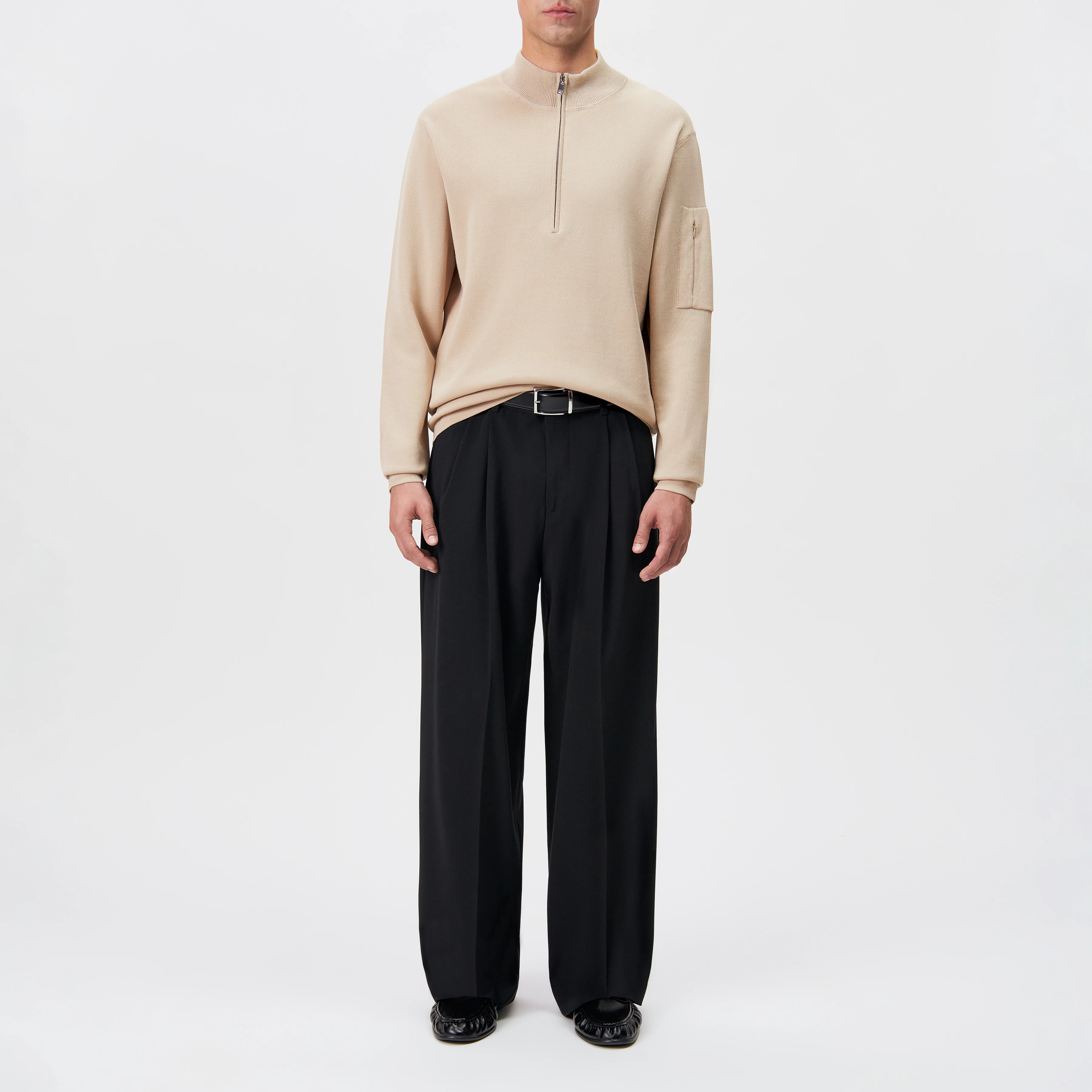 TARVIK - Half-zip jumper with stand collar in pure wool - men - beige - Ganzkörper-Frontansicht