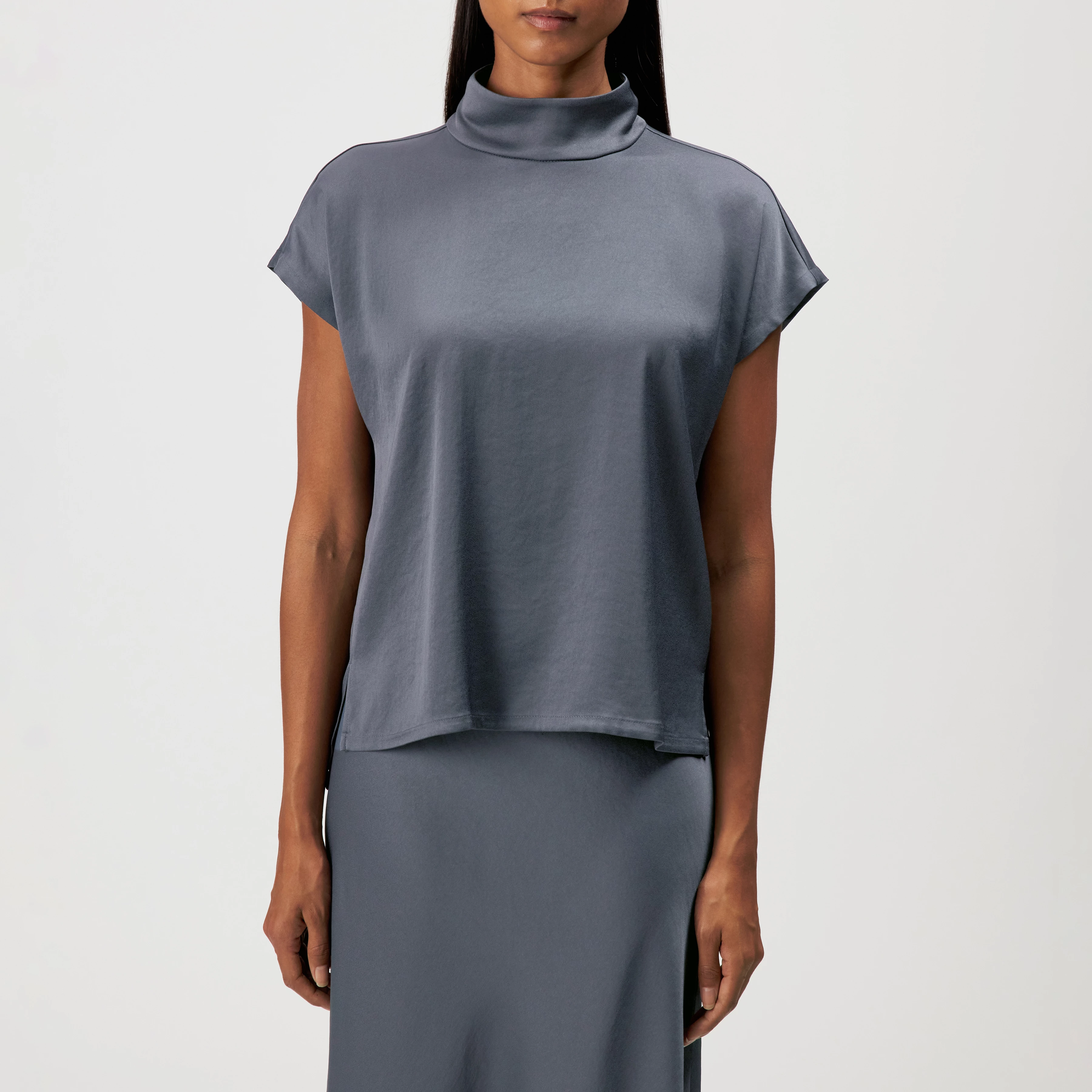 ALARIA_1 - Shirt blouse with stand-up collar in satin - women - grey - Frontansicht