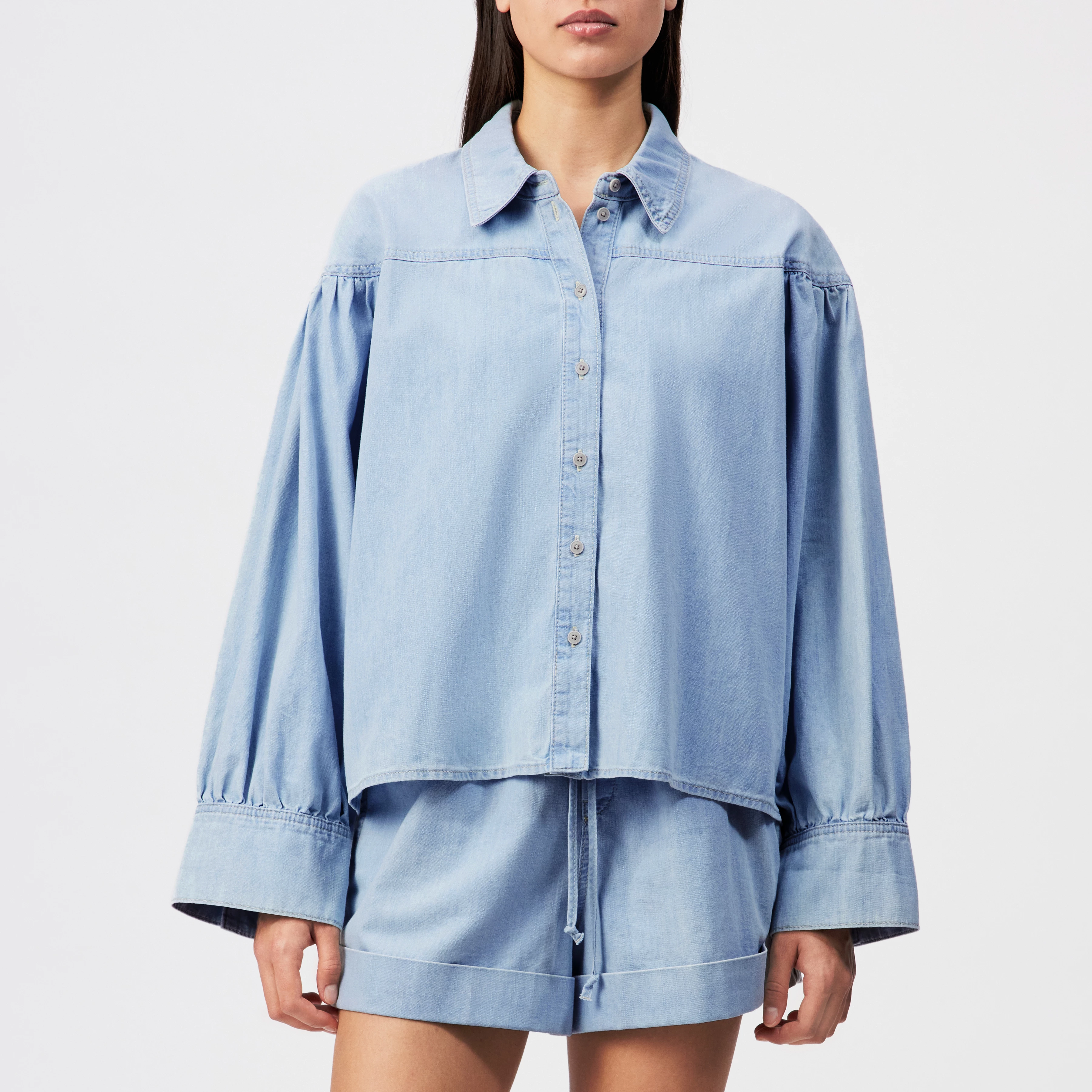 SELENI - Hemdbluse in reiner Baumwolle - Damen - blau - Frontansicht