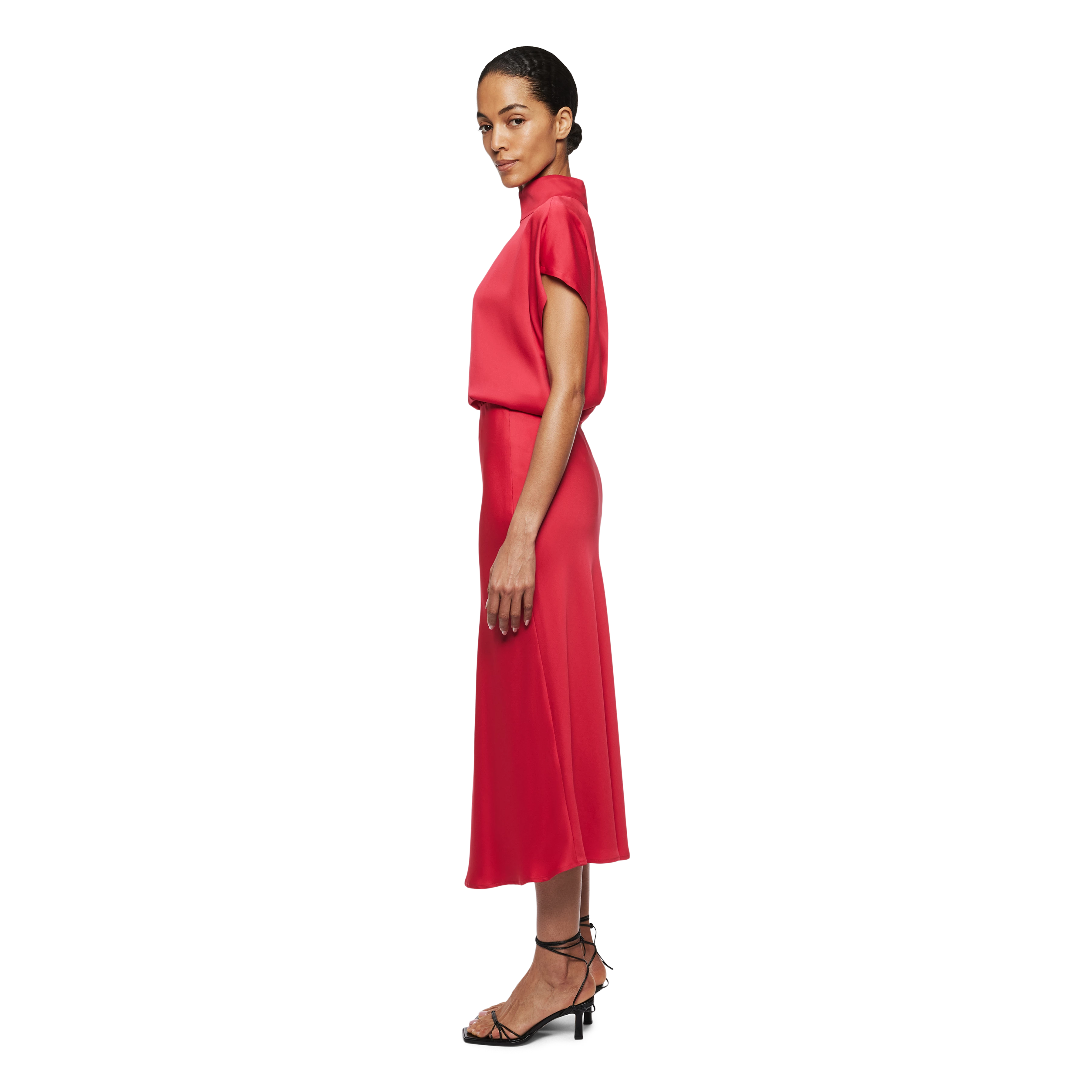 URA - Slip-Skirt in Midilänge in Satin - Damen - rot - Seitenansicht