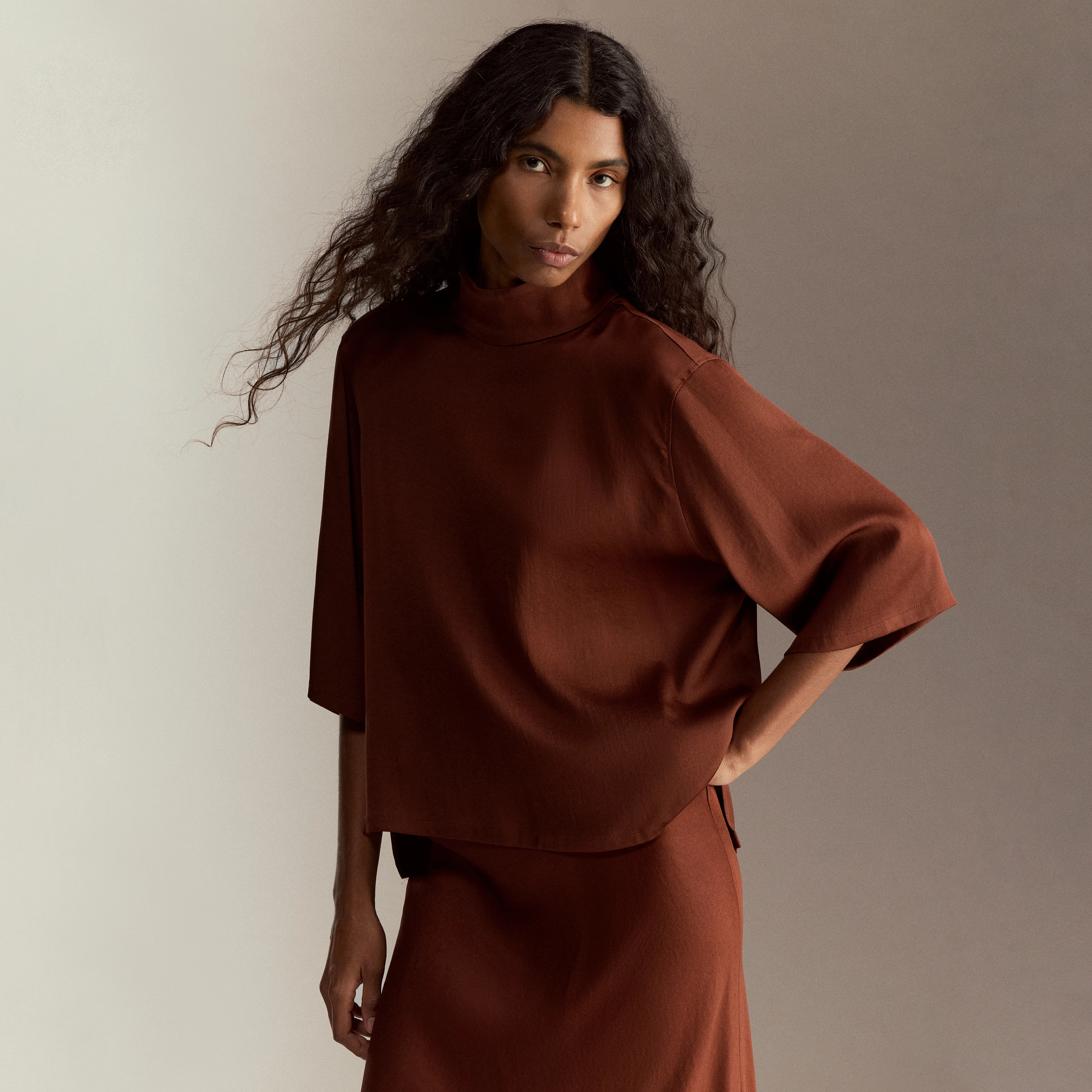 ALETIA - Satin stand-up collar blouse - women - brown