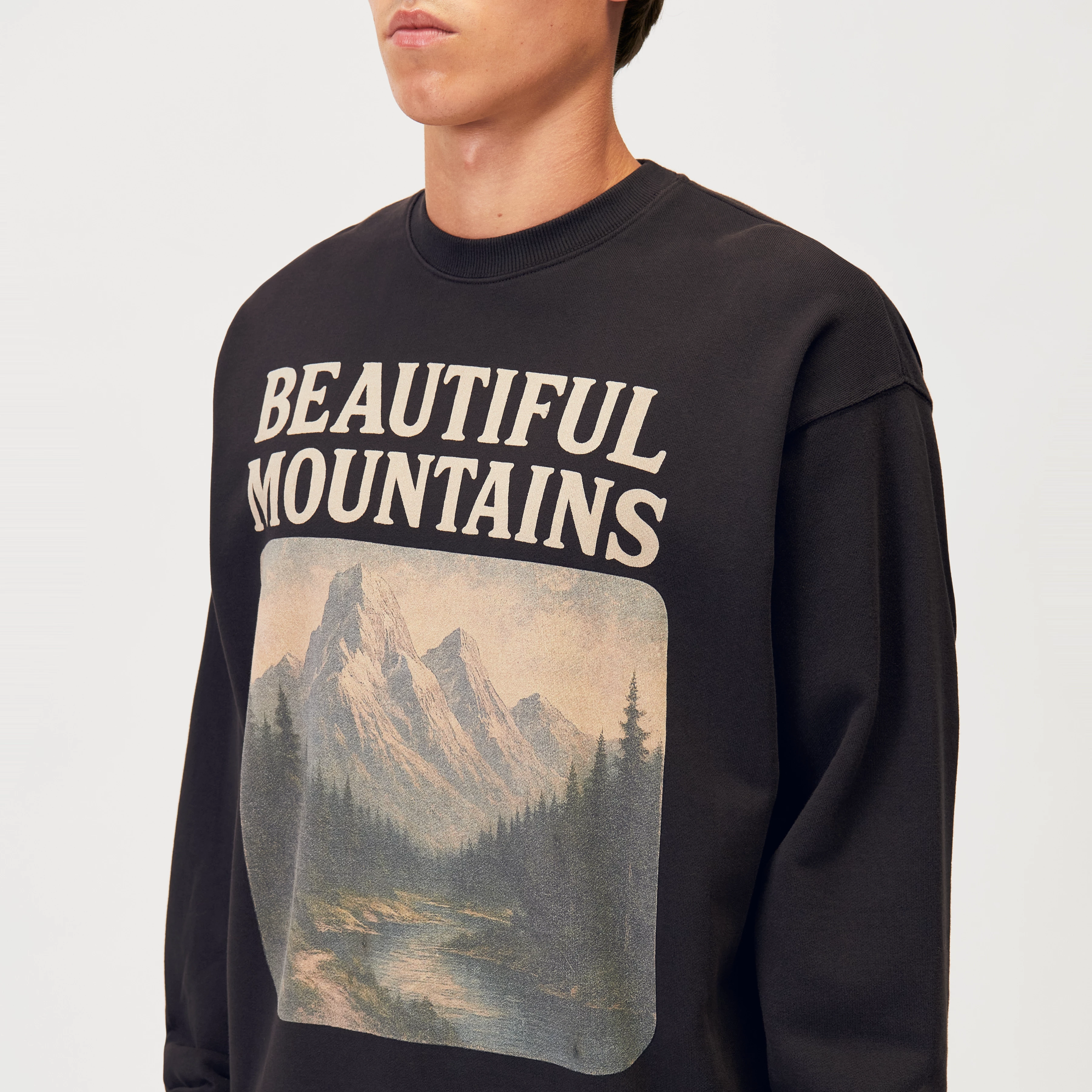 KARIO_MOUNTAIN - Relaxed sweatshirt with mountain print - men - brown - Detailansicht am Model