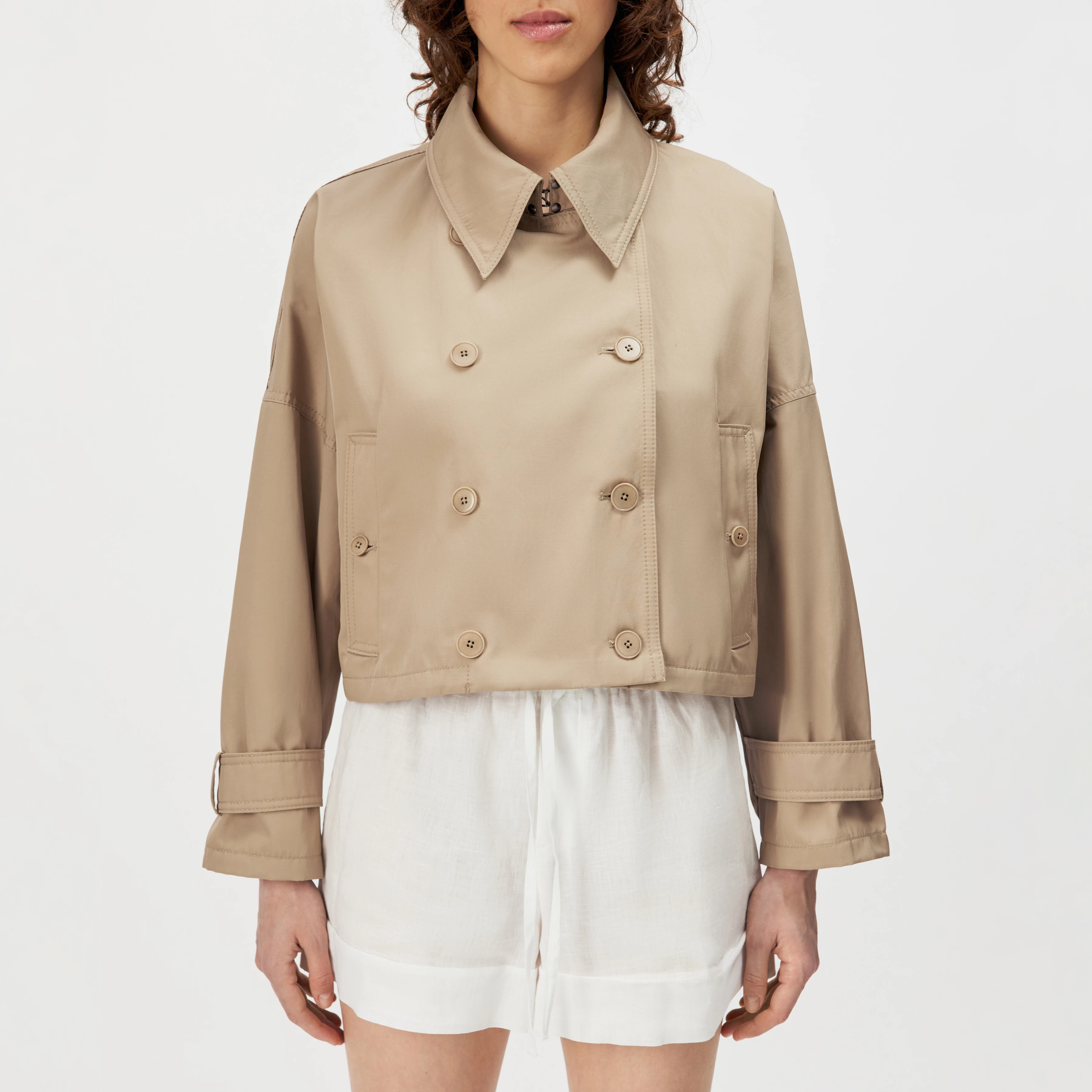 HELSBY - Short oversized trench coat in technical twill - women - brown - Frontansicht