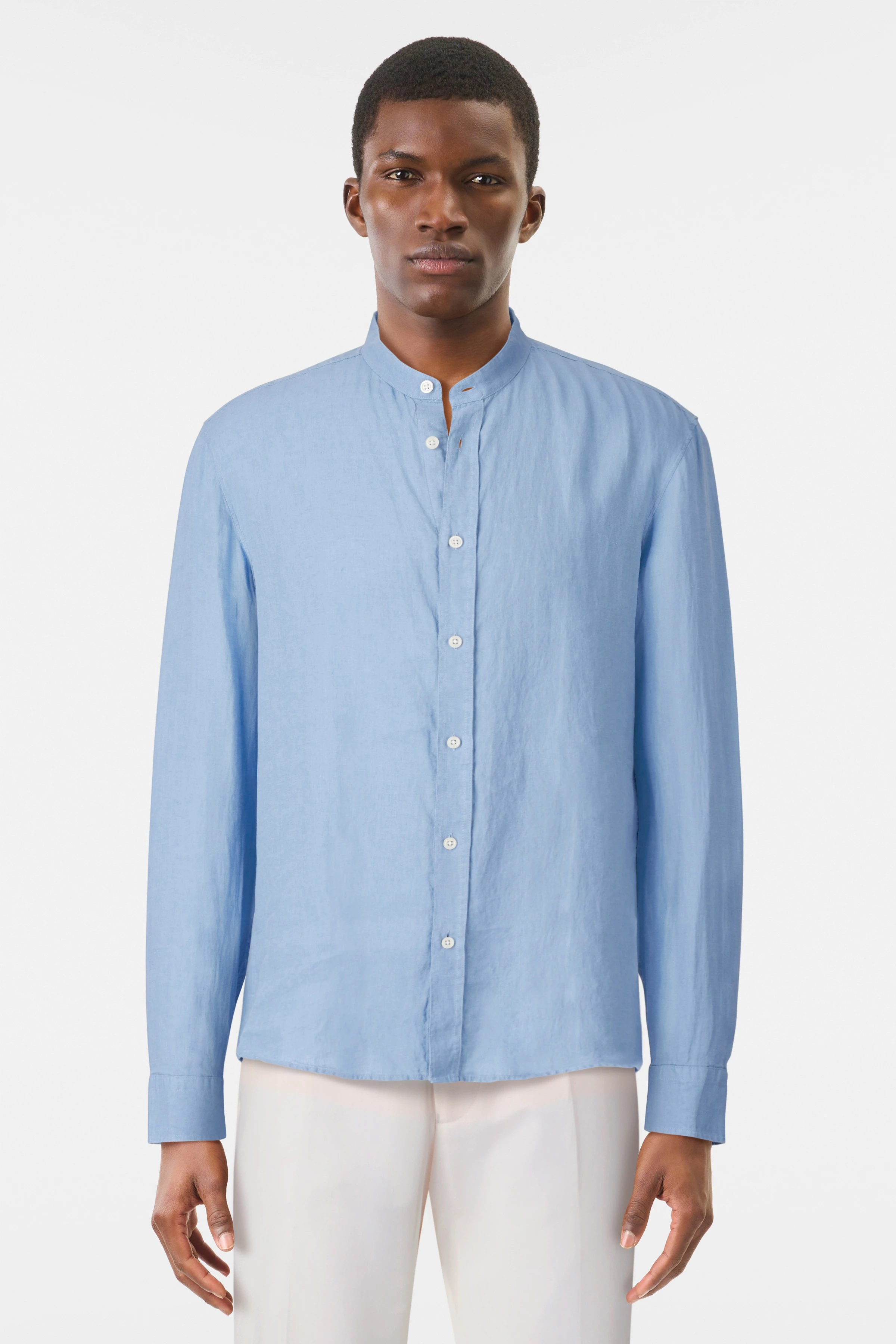 TAROK - Hemd mit Stehkragen aus reinem Leinen - Herren - blau - Frontansicht