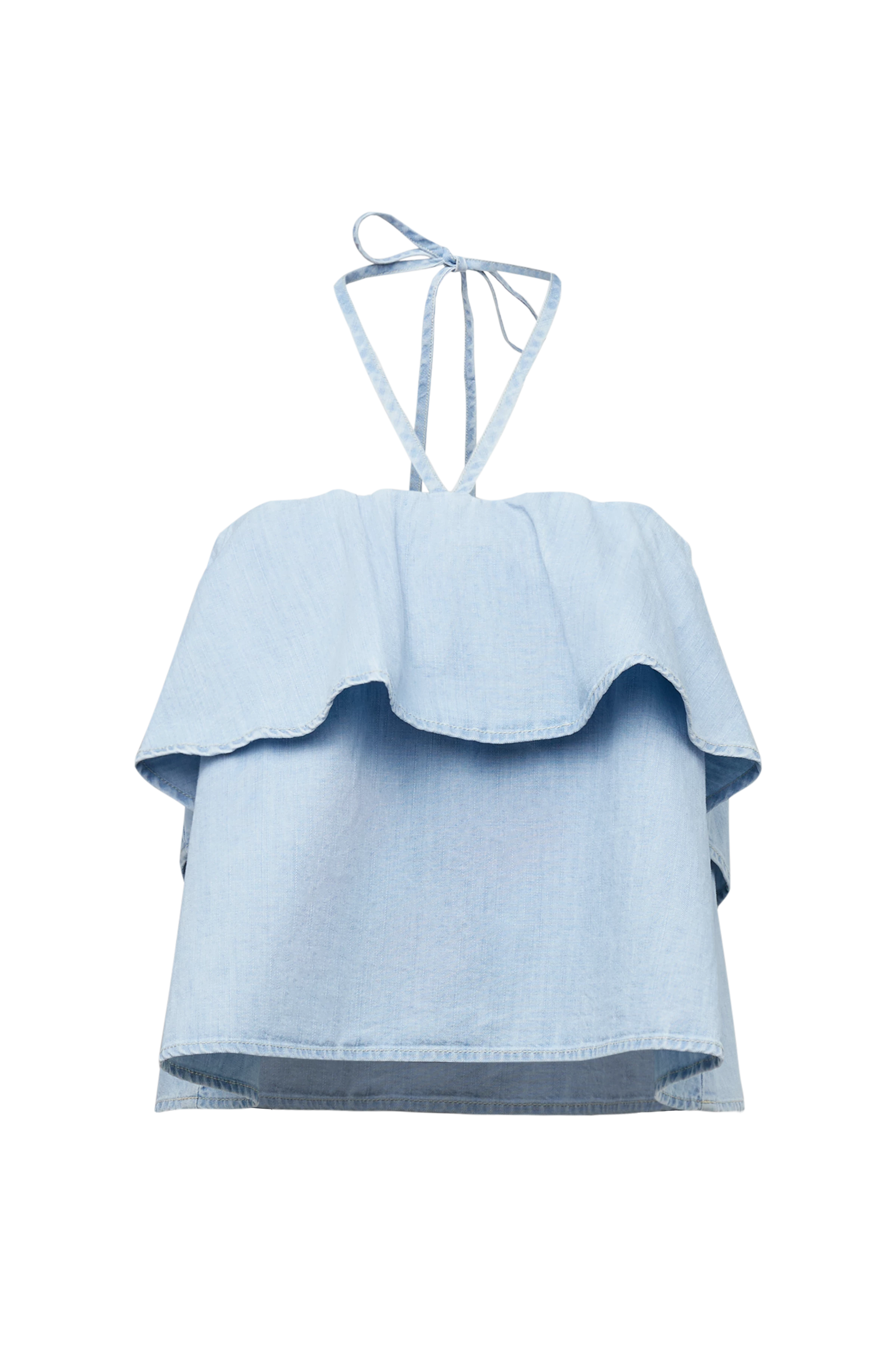 RIVANA - Cropped Bandeau-Bluse in Denim-Optik und Neckholder - Damen - blau - Freisteller Frontansicht
