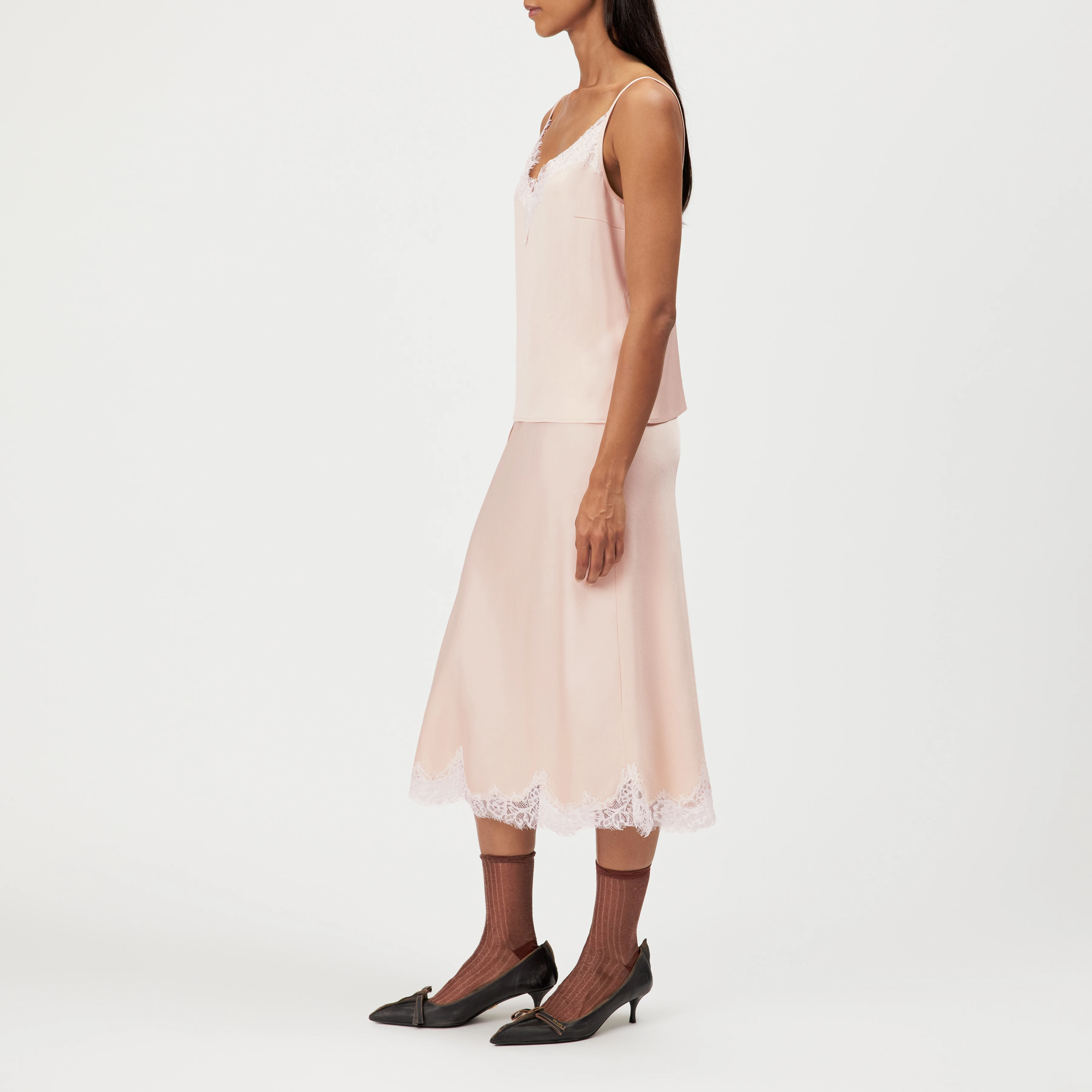 URA_3 - Satin midi slip skirt with lace - women - orange - Seitenansicht