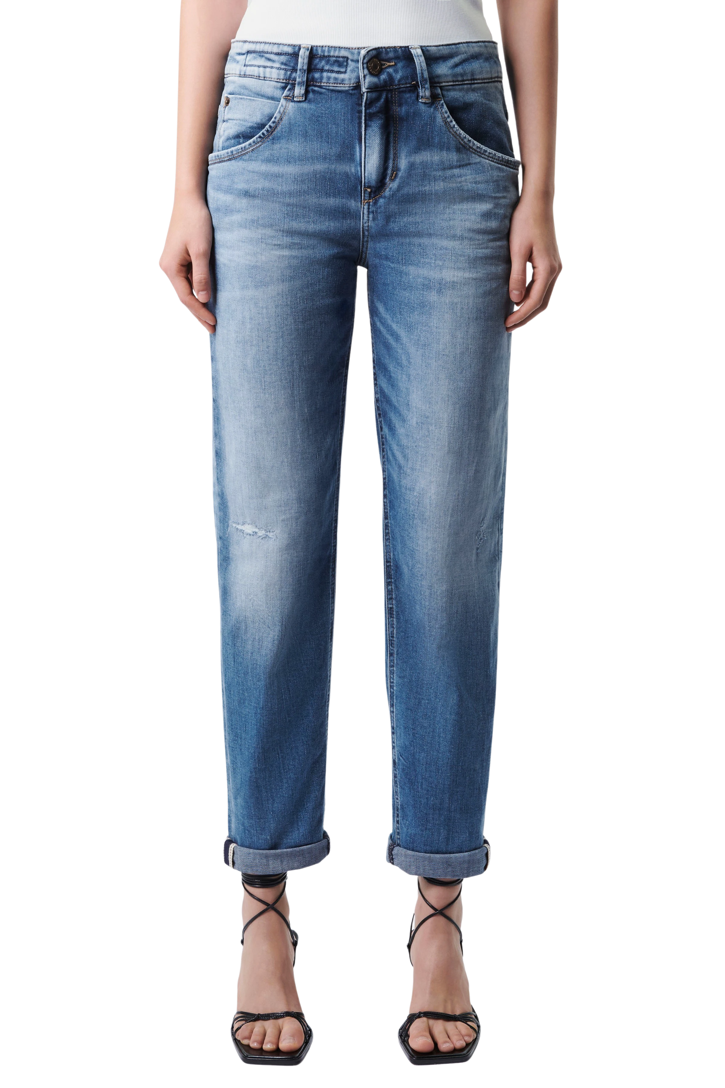 LIKE - Girlfriend-Jeans mit Krempelsaum in Mid-Blue - Damen - blau - Frontansicht