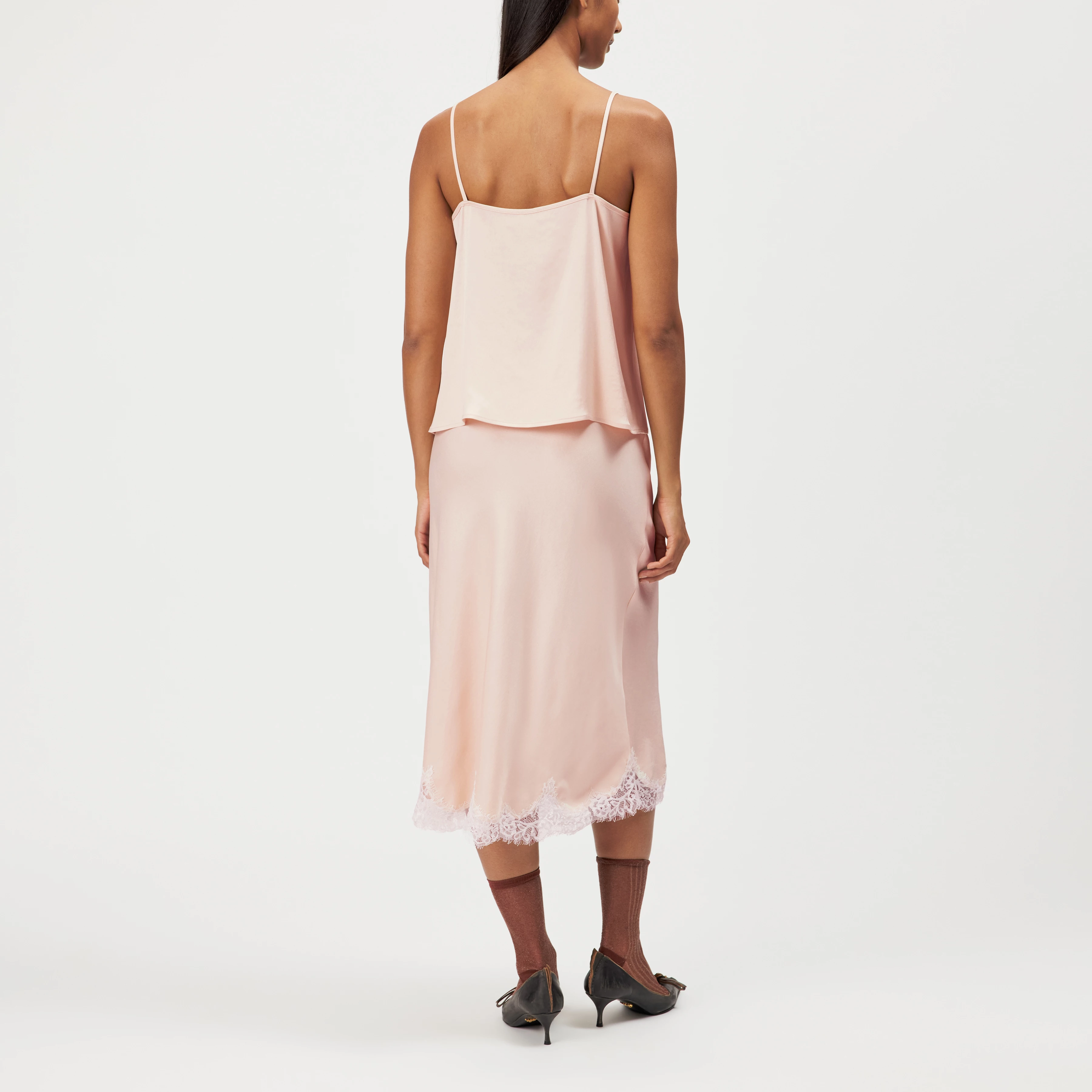 URA_3 - Satin midi slip skirt with lace - women - orange - Rückansicht