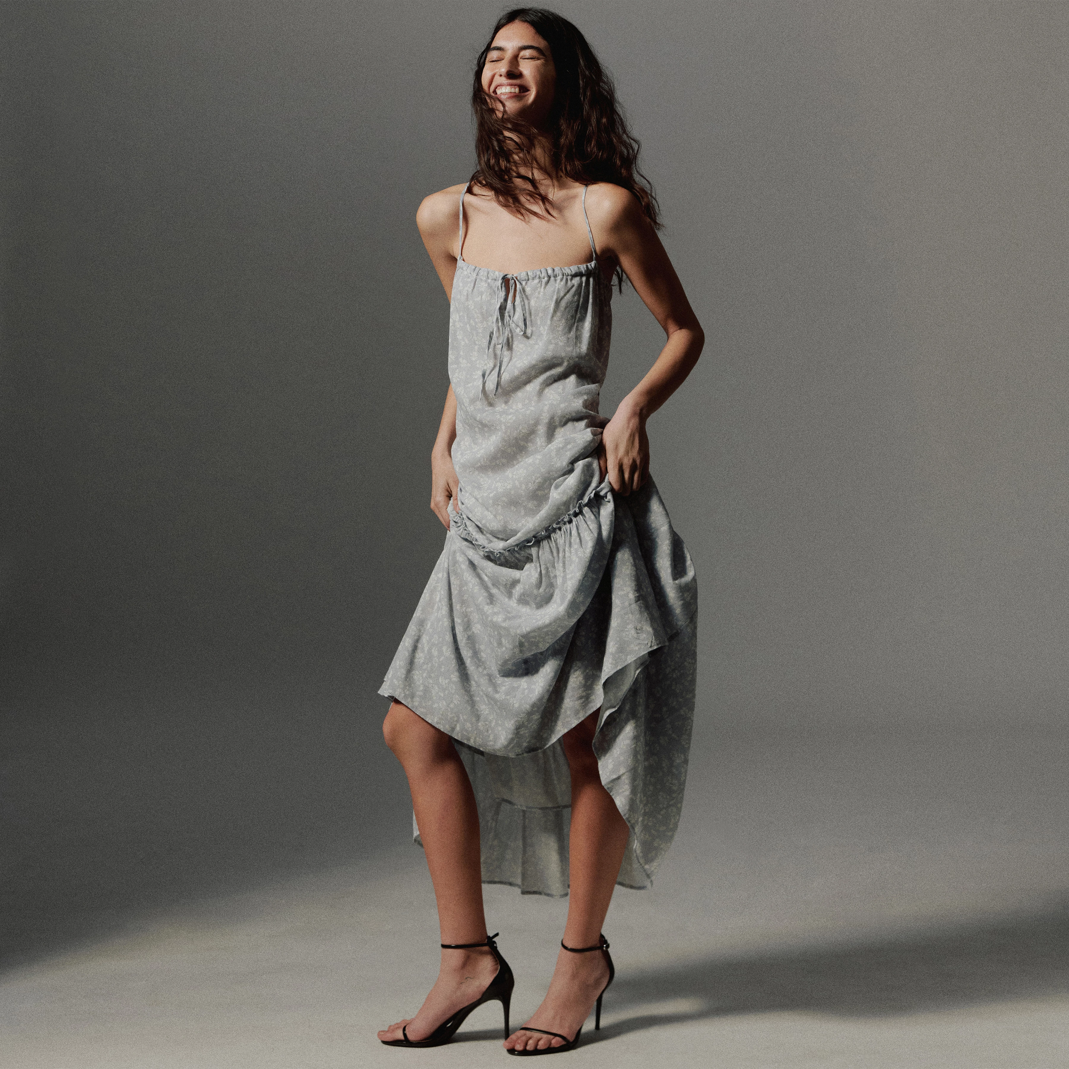 LYNORA - Cotton-viscose crêpe ruffle slip dress - women - blue
