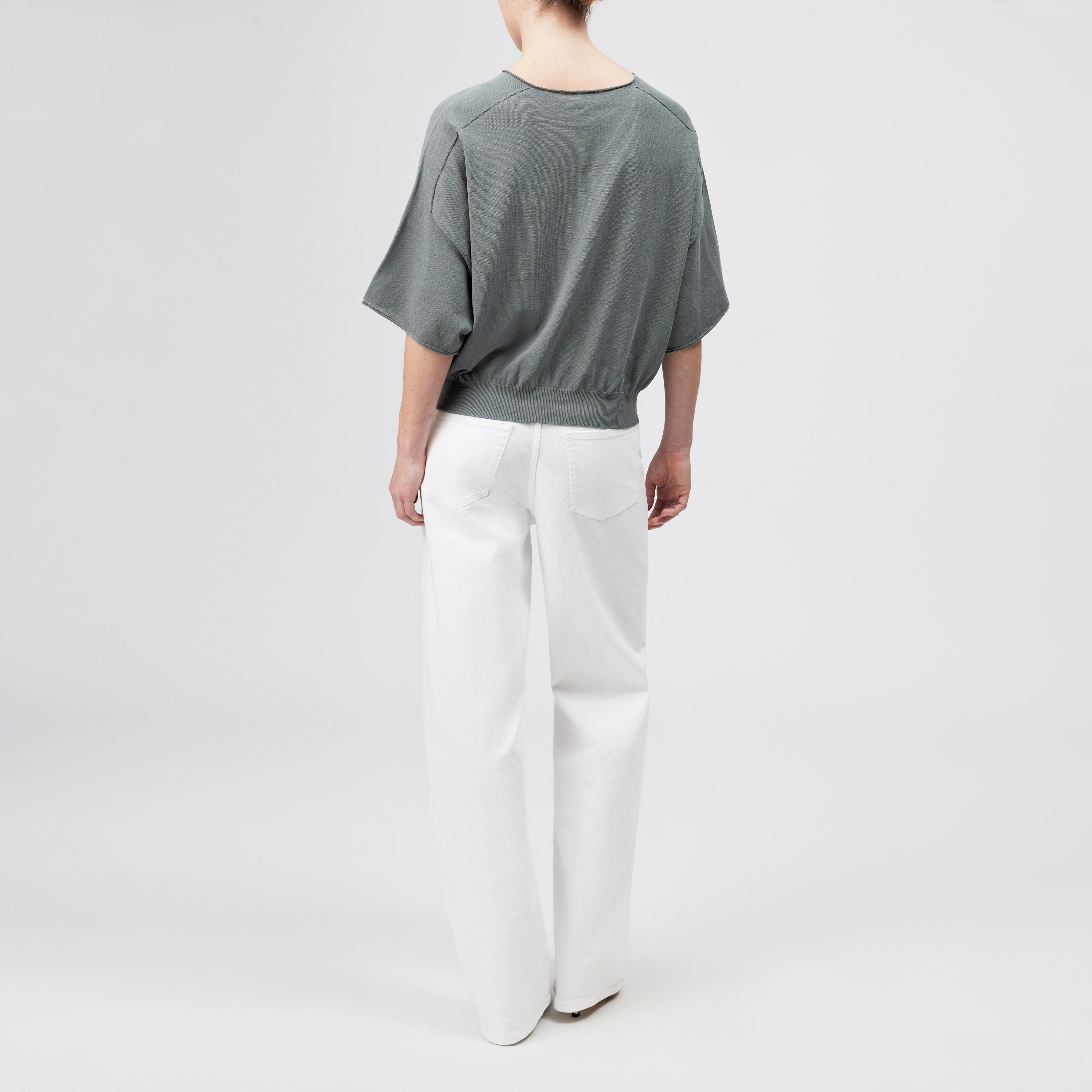 DILARY - Casual gebreid T-shirt in crêpe katoen - dames - groen - Rückansicht