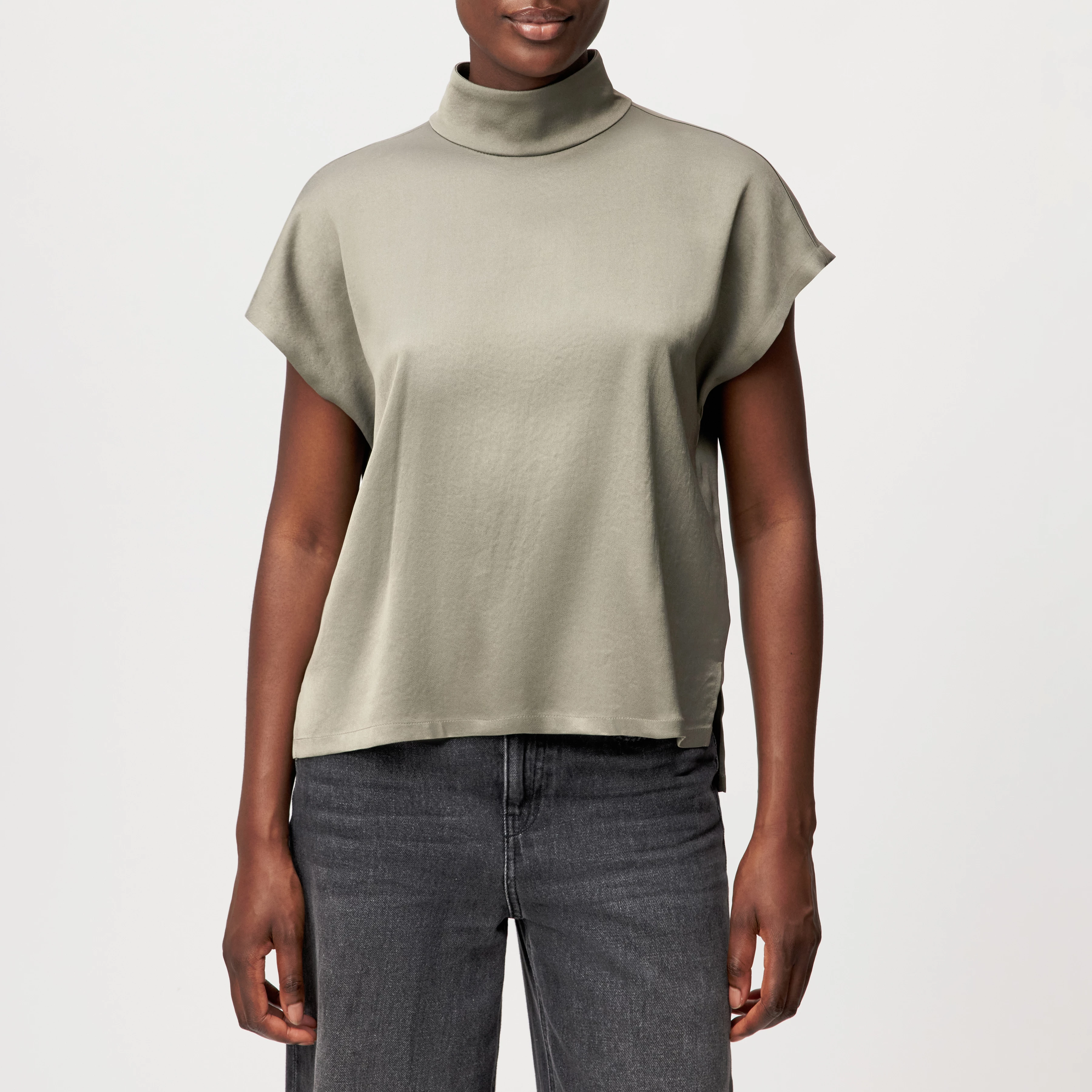 ALARIA_1 - Shirt blouse with stand-up collar in satin - women - green - Frontansicht