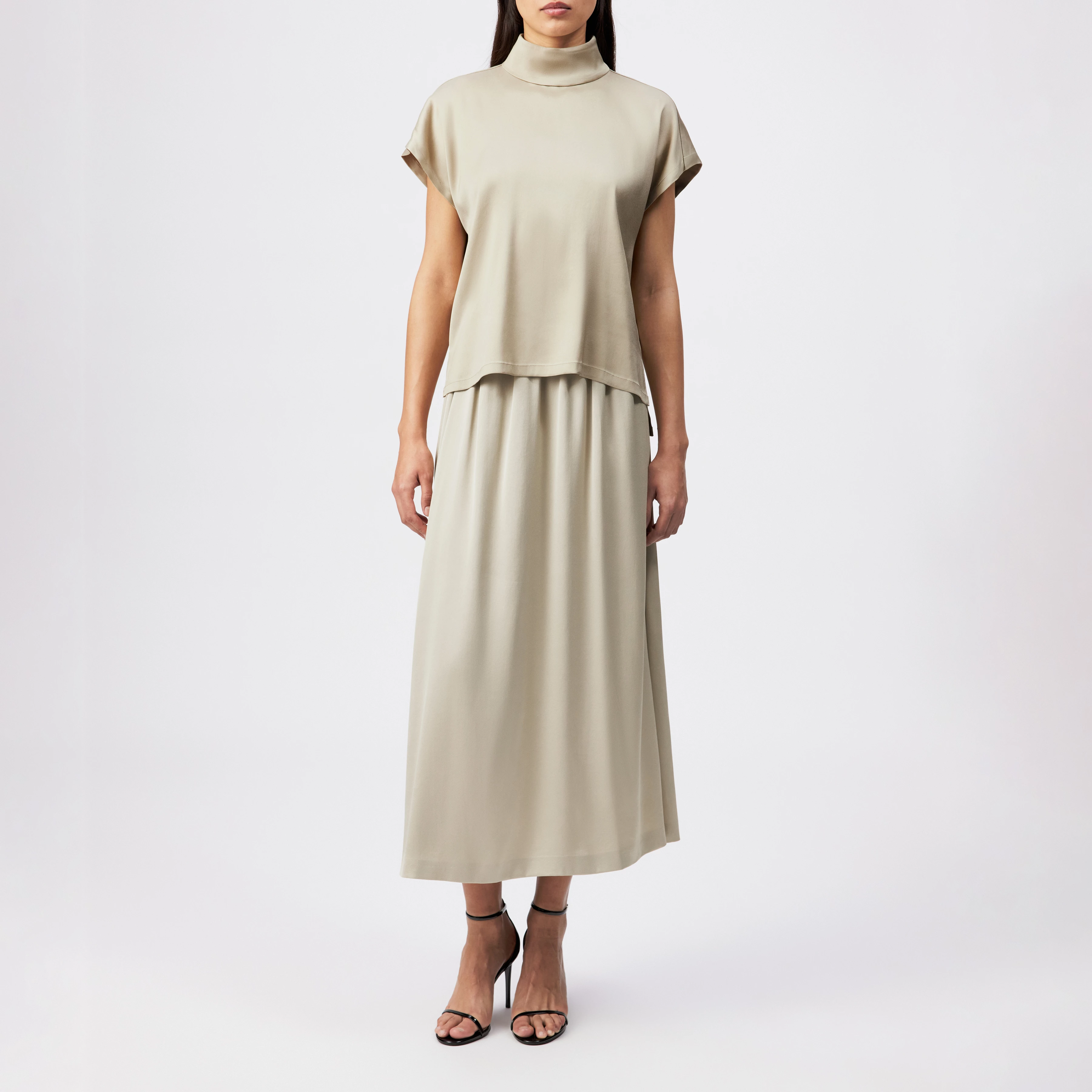 ALARIA_1 - Shirt blouse with stand-up collar in satin - women - beige - Ganzkörper-Frontansicht