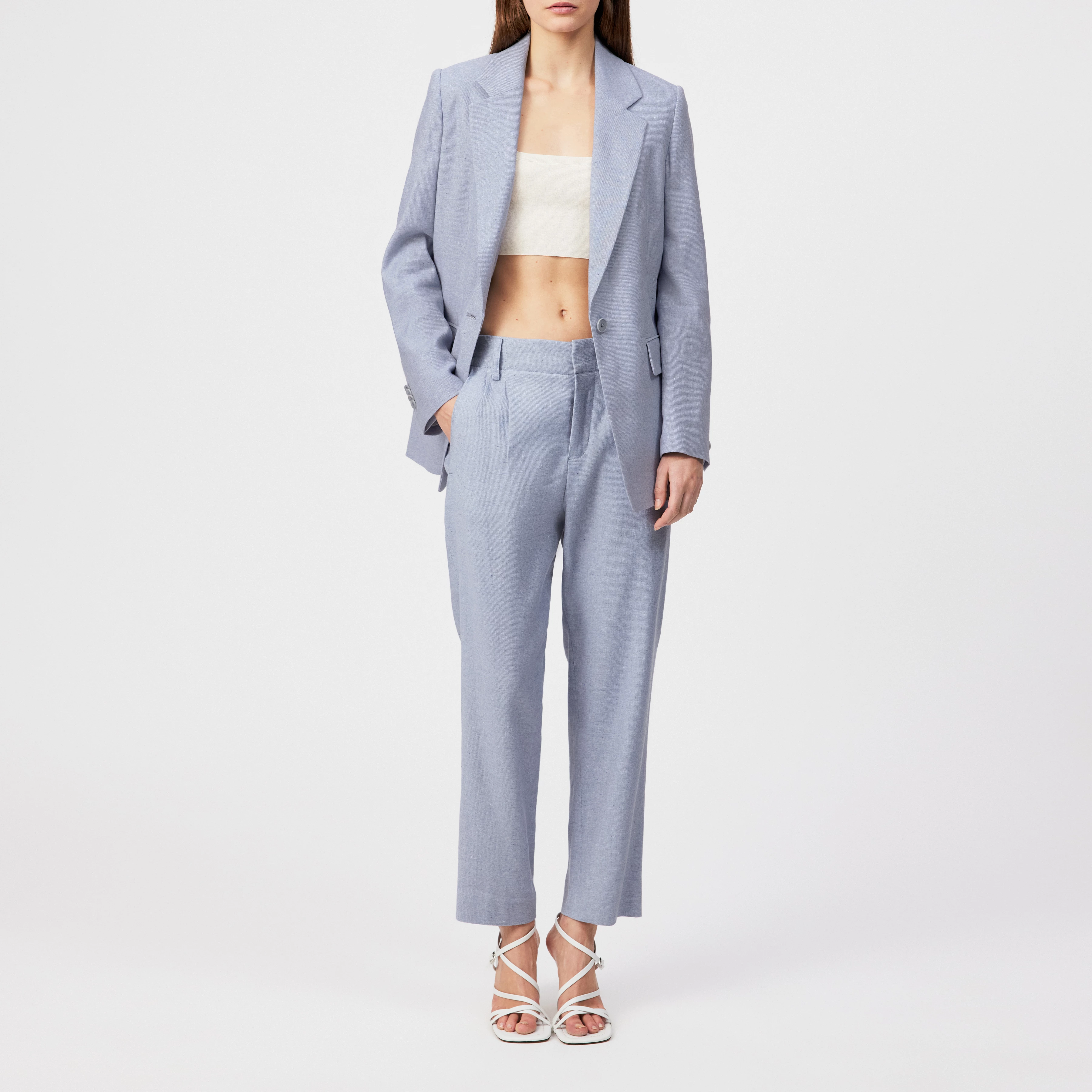 GLENDALE - Boyfriend-blazer in linnen-mix keper. - dames - blauw - Ganzkörper-Frontansicht