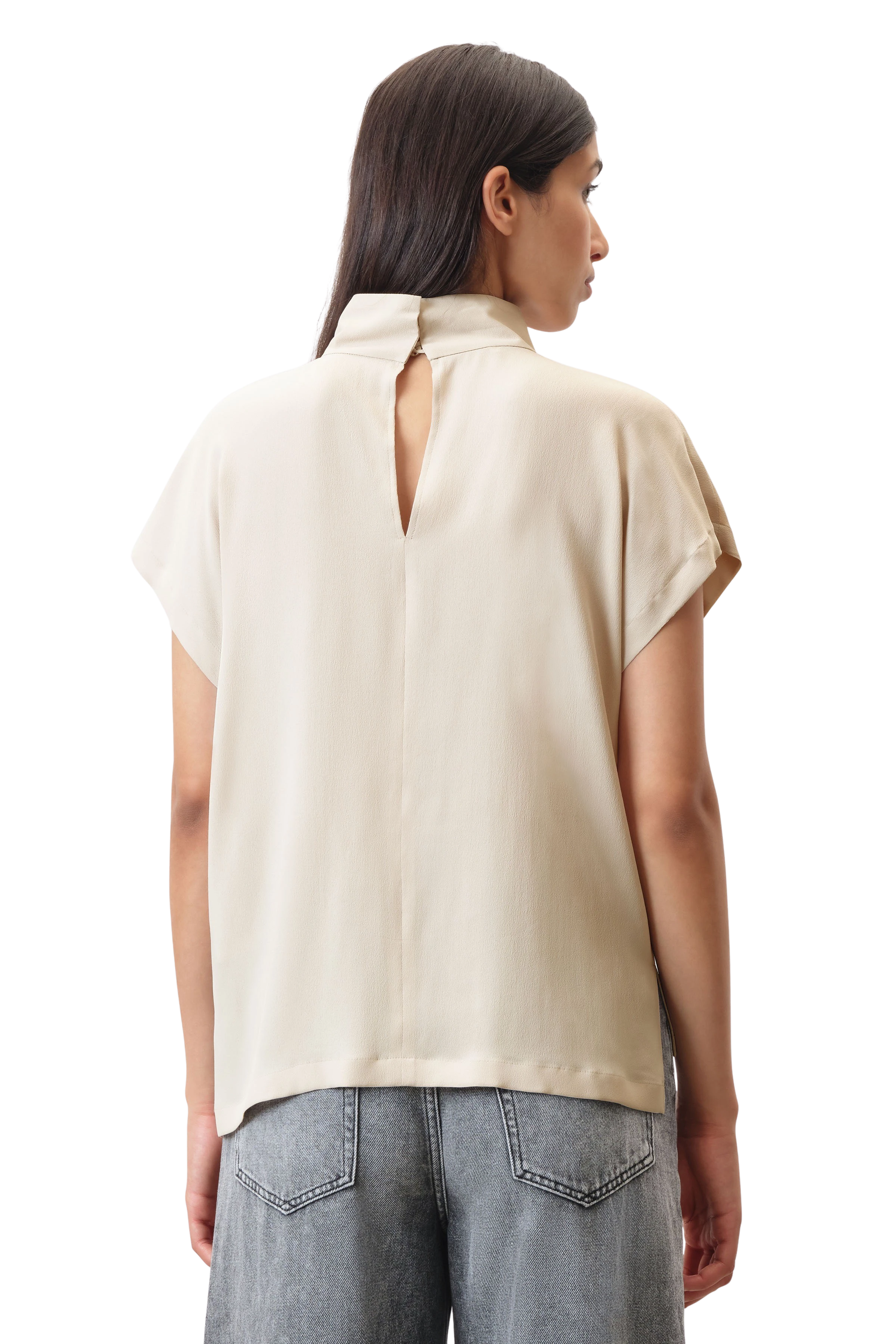 ALARIA_1 - Shirtblouse met opstaande kraag in vloeiende zijdemix - dames - beige - Rückansicht