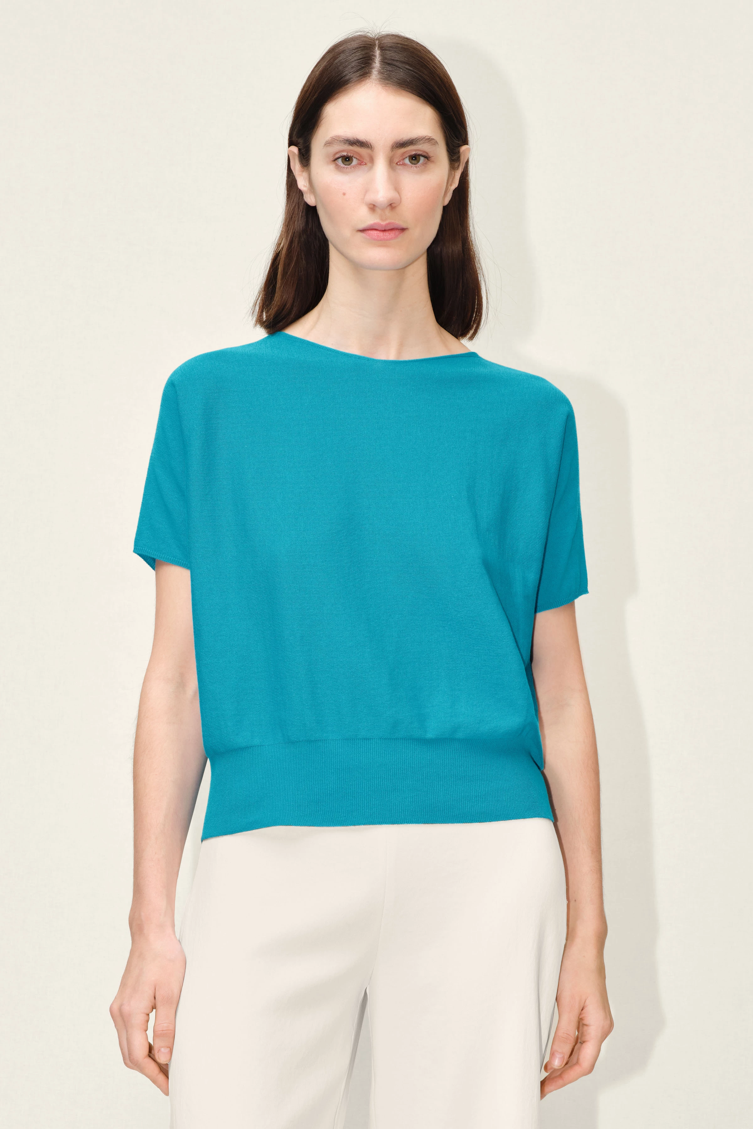 SOMELI - Strick-T-Shirt aus Baumwoll-Crêpe - Damen - blau - Frontansicht