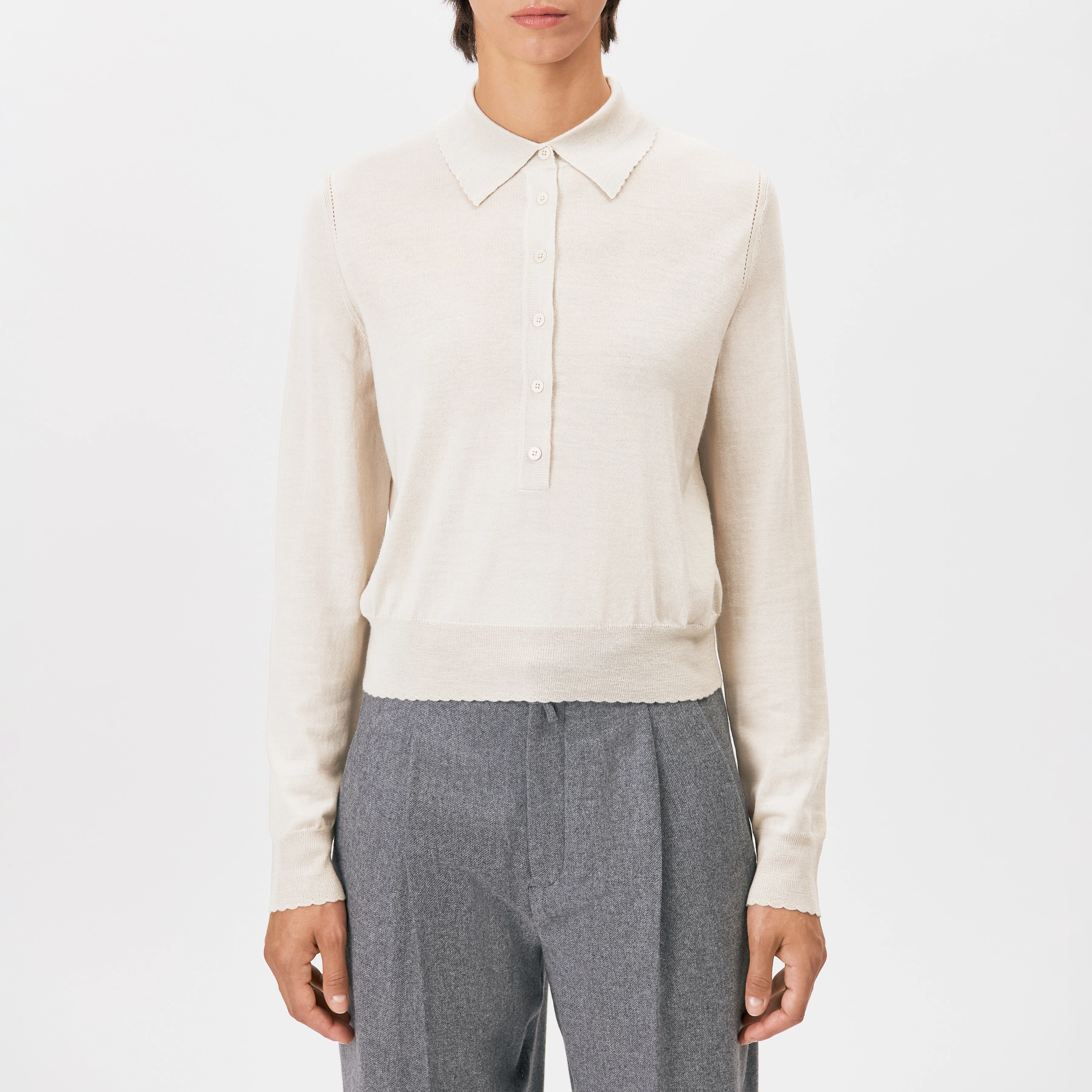 MYNERVA - Pure wool knit polo shirt - women - beige - Frontansicht