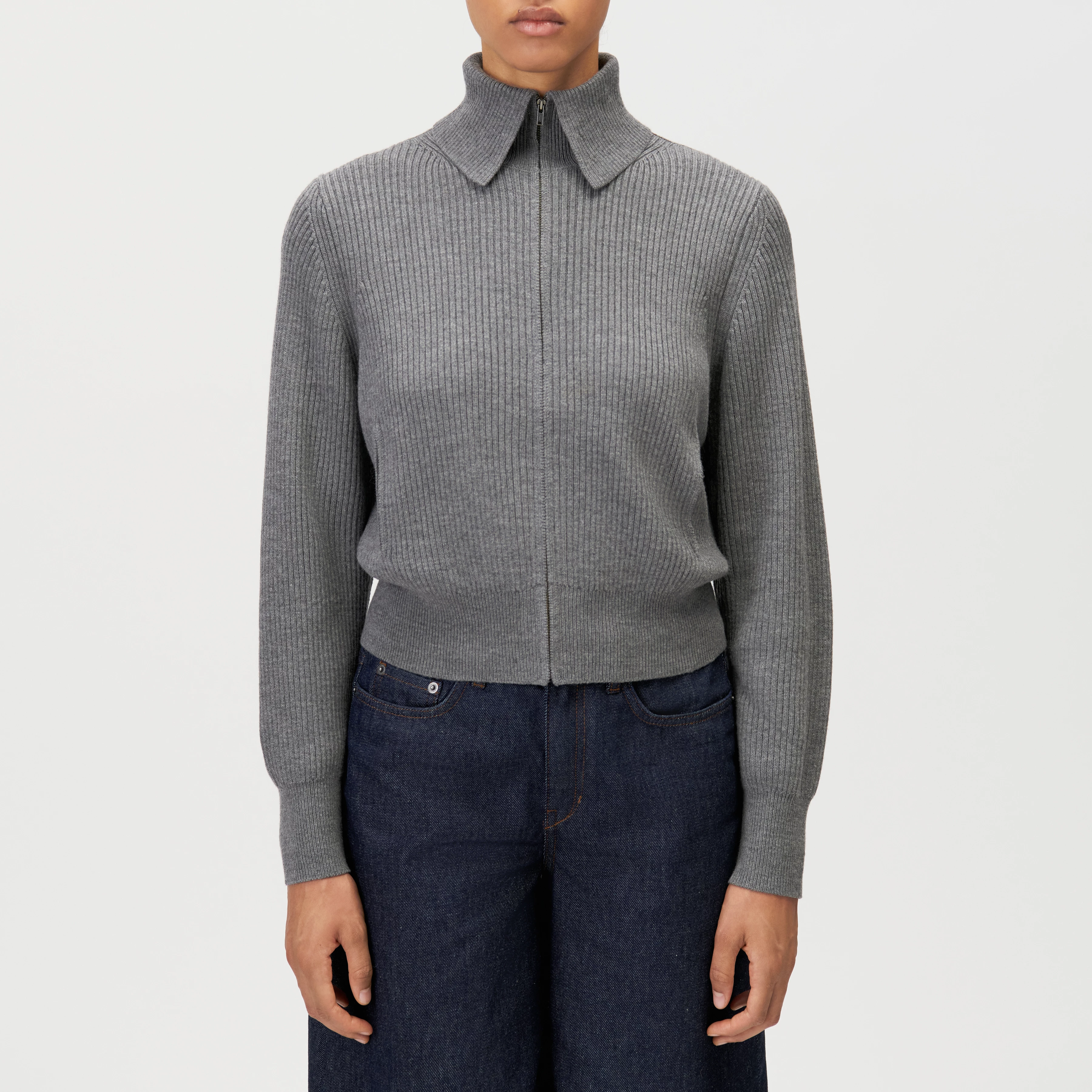FIBIONE - Cropped ribbed cardigan - women - grey - Frontansicht