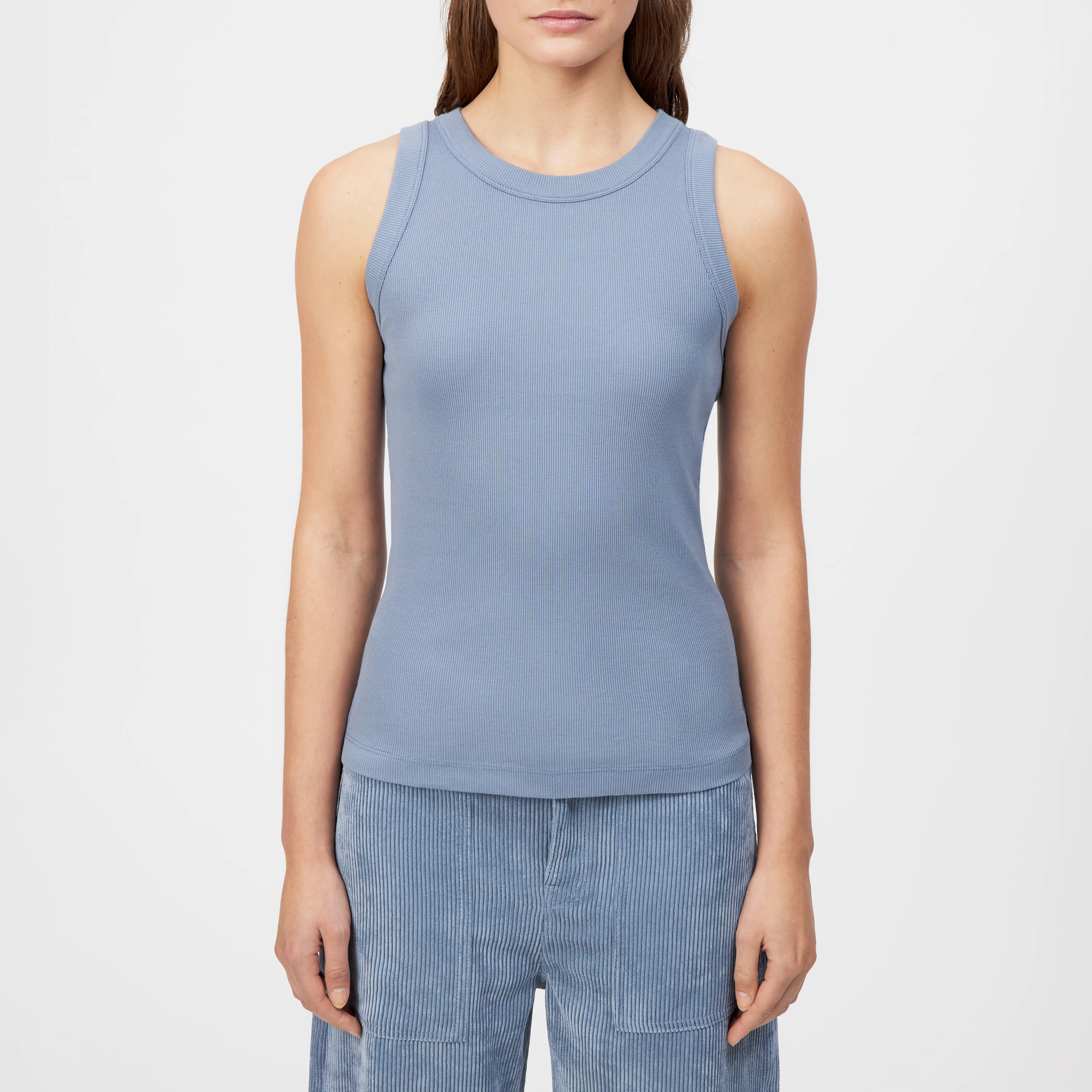 OLINA - Tanktop mit Rundhals in Baumwoll-Rippe - Damen - blau - Frontansicht