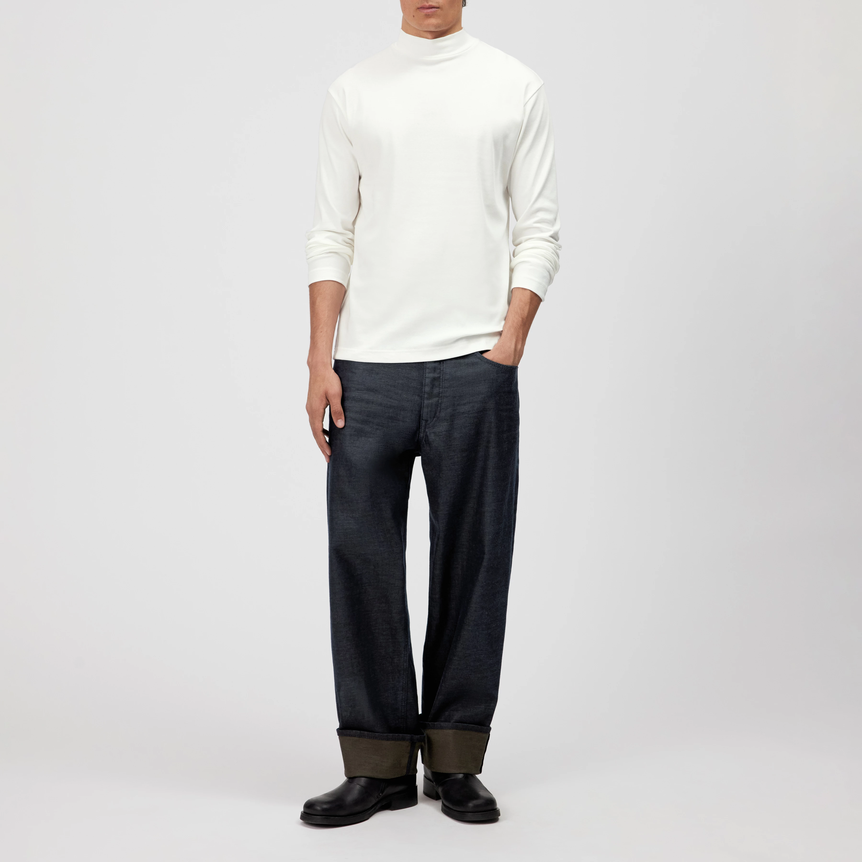 MORITZO - Long-sleeved top with stand-up collar in stretch cotton - men - off white - Ganzkörper-Frontansicht