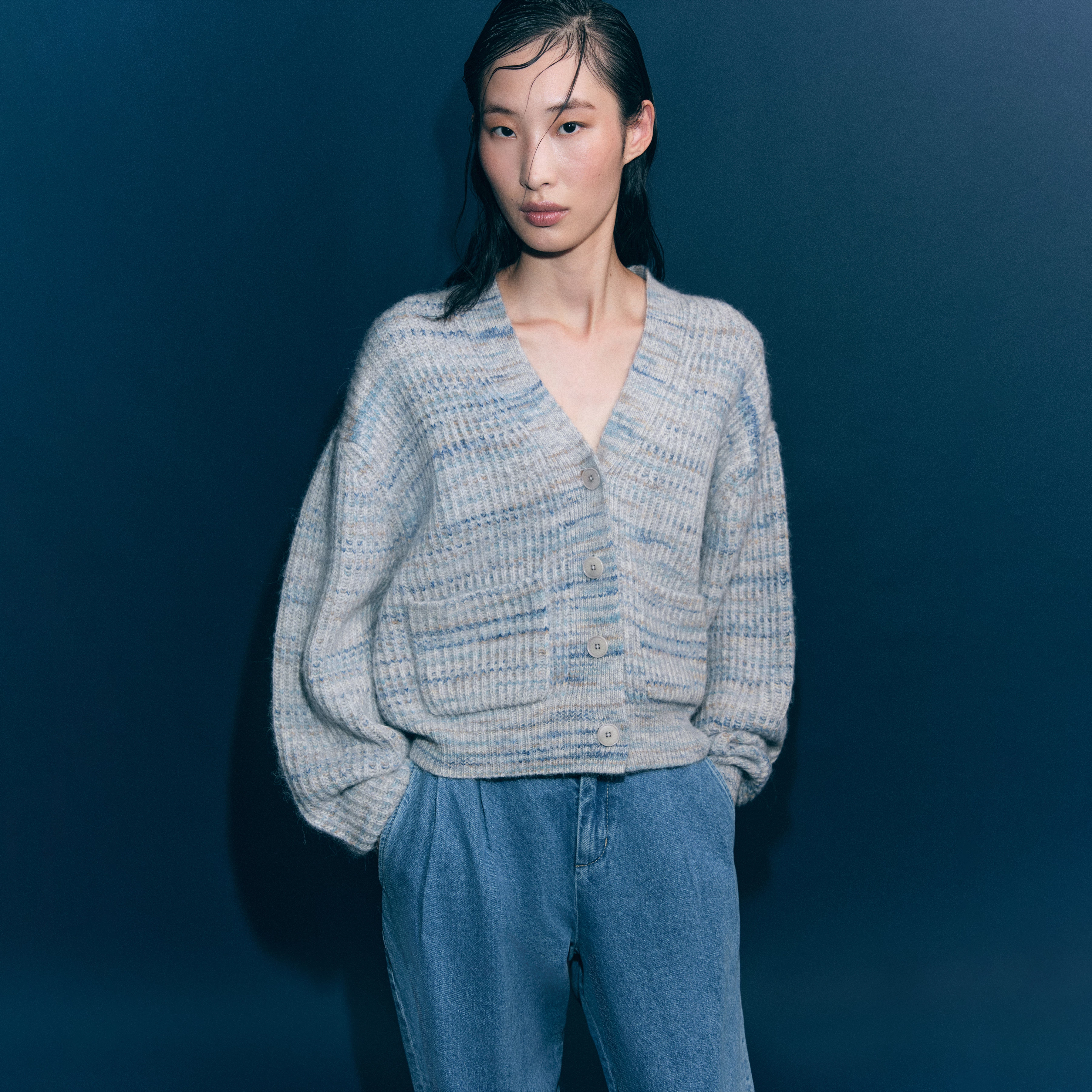 COOPIE_2 - Lässige Strickjacke in bedrucktem Wollmix-Garn - Damen - blau