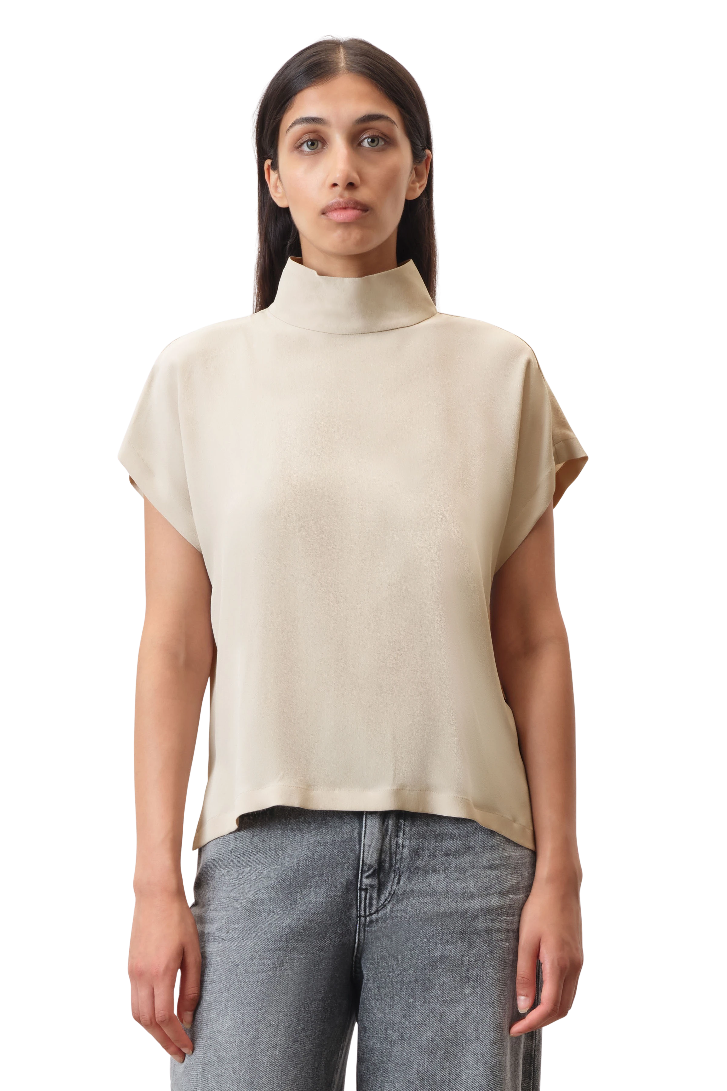 ALARIA_1 - Shirtblouse met opstaande kraag in vloeiende zijdemix - dames - beige - Frontansicht