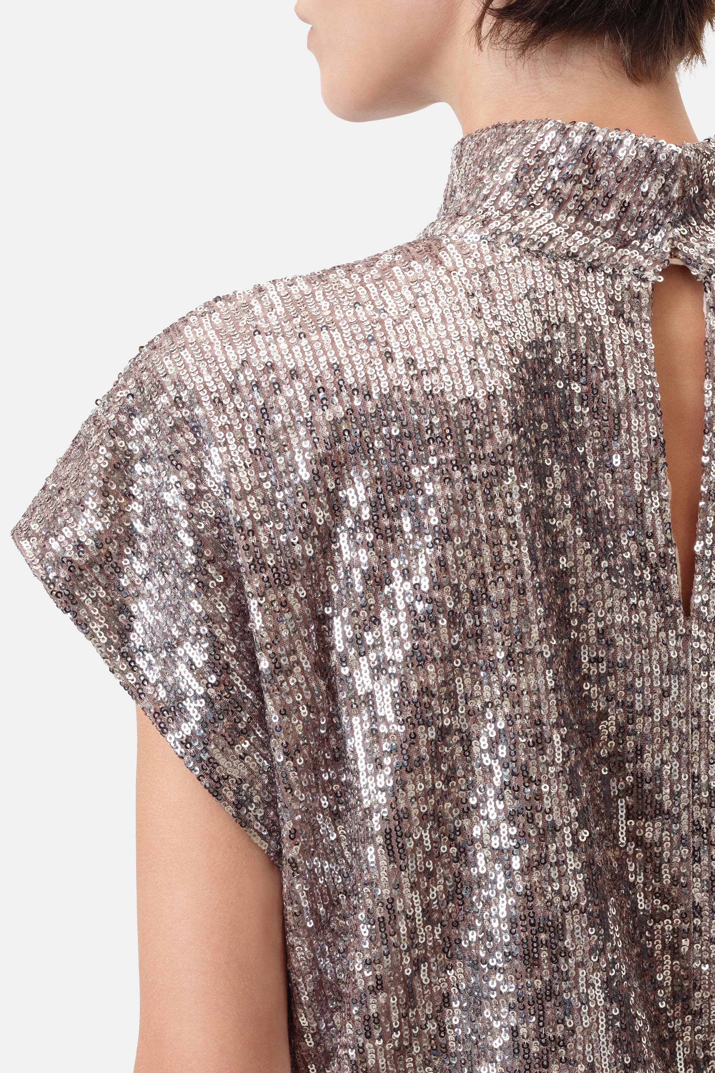 ALARIA_1 - Shirt-Bluse mit Stehkragen in bedruckter Paillette - Damen - grau - Seitenansicht