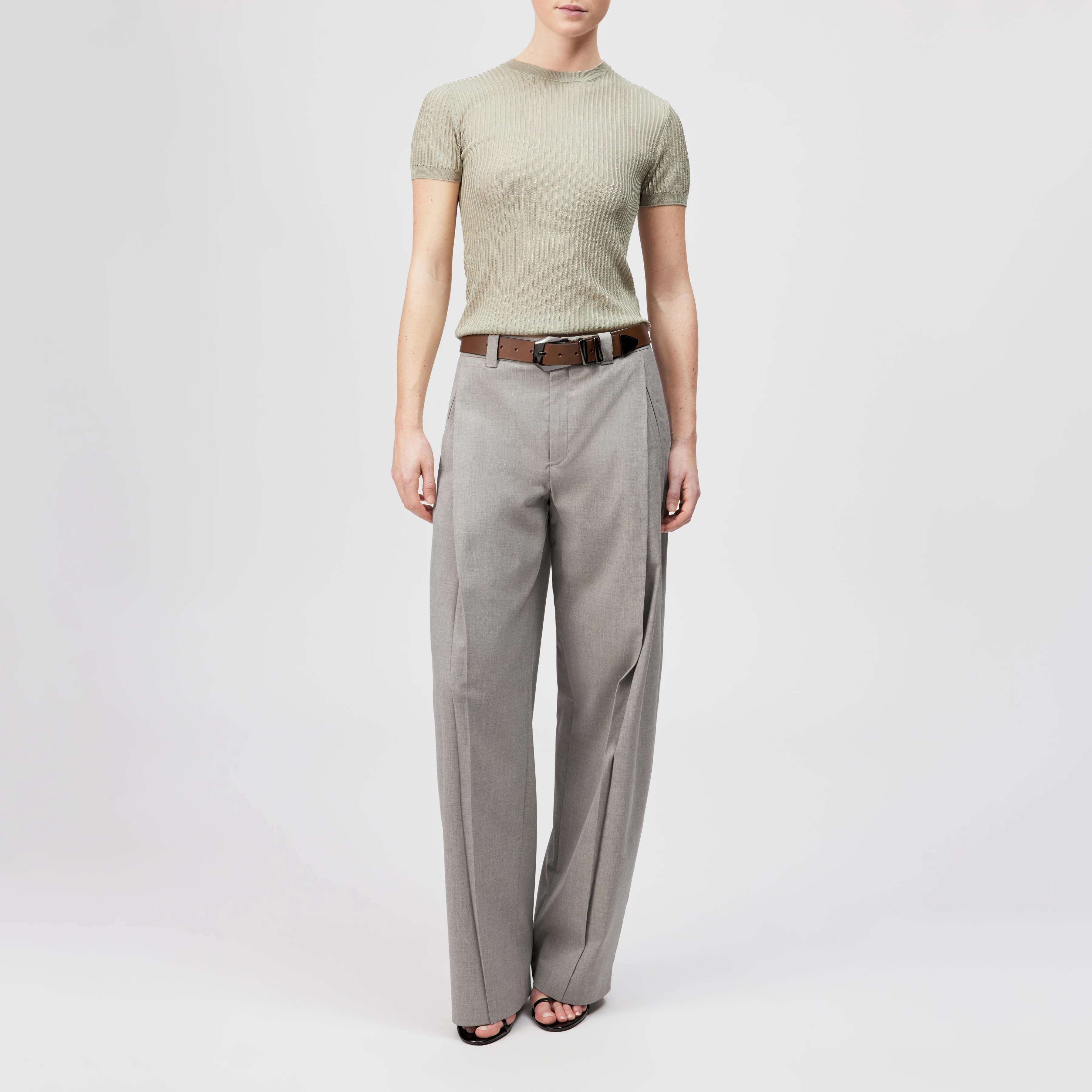 MOGLINI_2 - Crew Neck Knit T-Shirt with Ribbed Texture - women - beige - Ganzkörper-Frontansicht