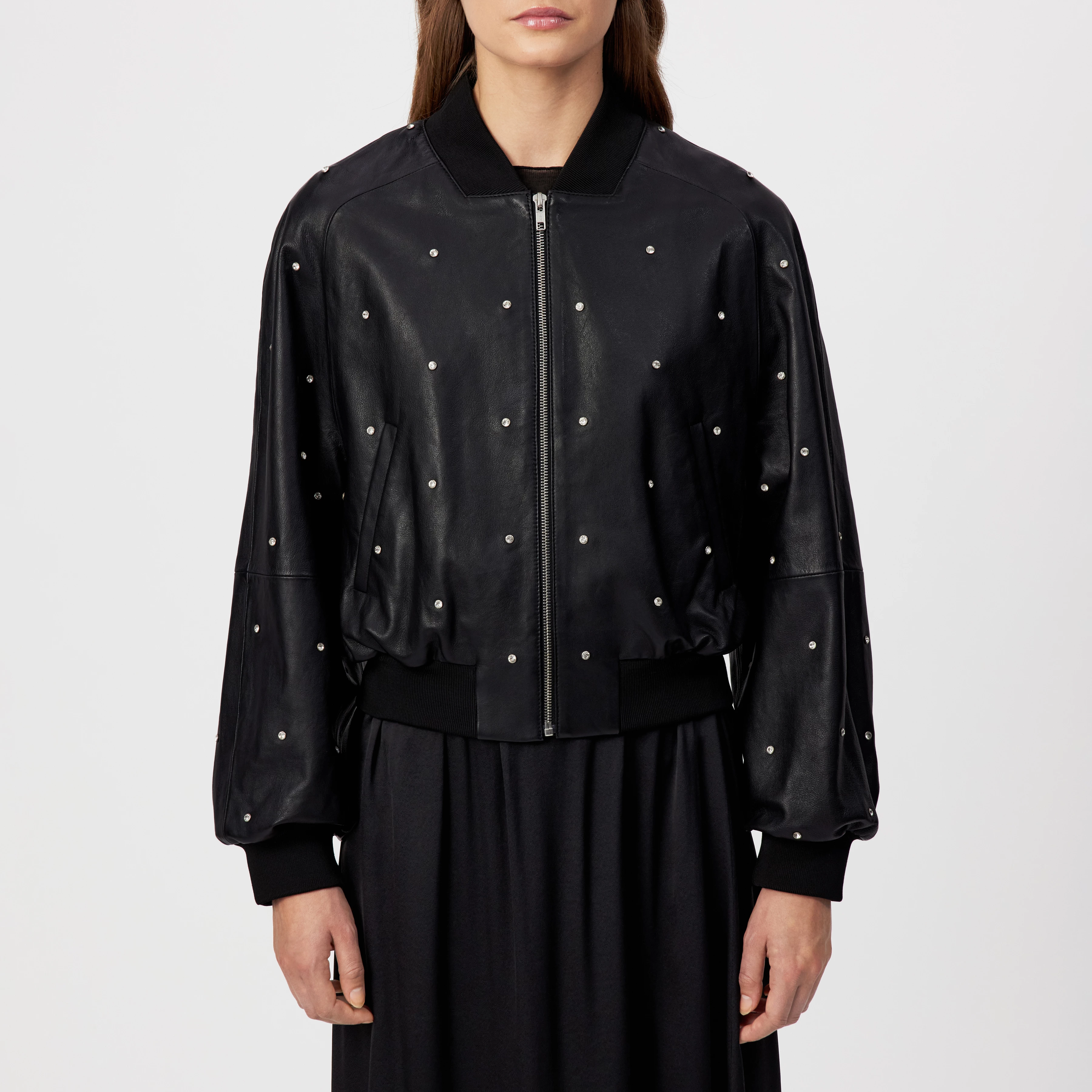 MARHAM_1 - Blousonjacke mit Swarovski® Kristallen in Leder - Damen - schwarz - Frontansicht