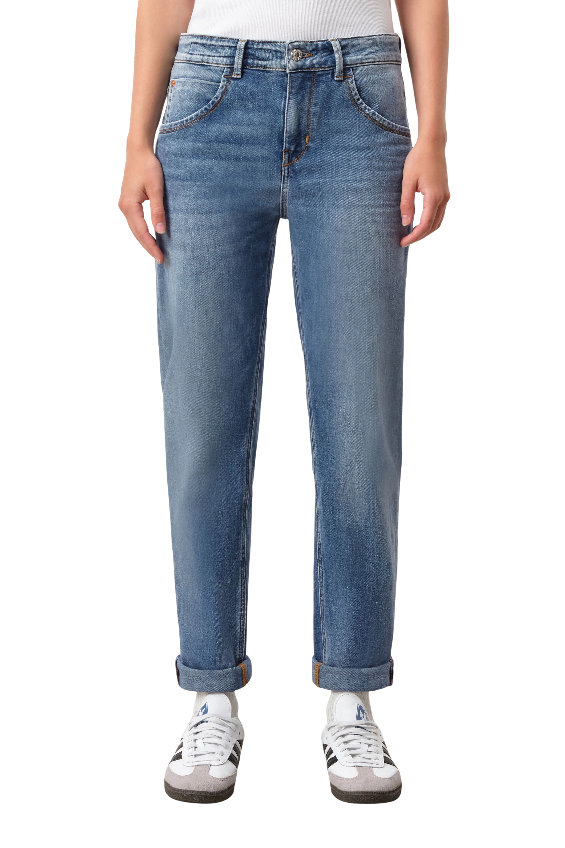 LIKE - Girlfriend-Jeans mit Krempelsaum in soft-touch Denim mit Used-Effekten - Damen - blau - Frontansicht