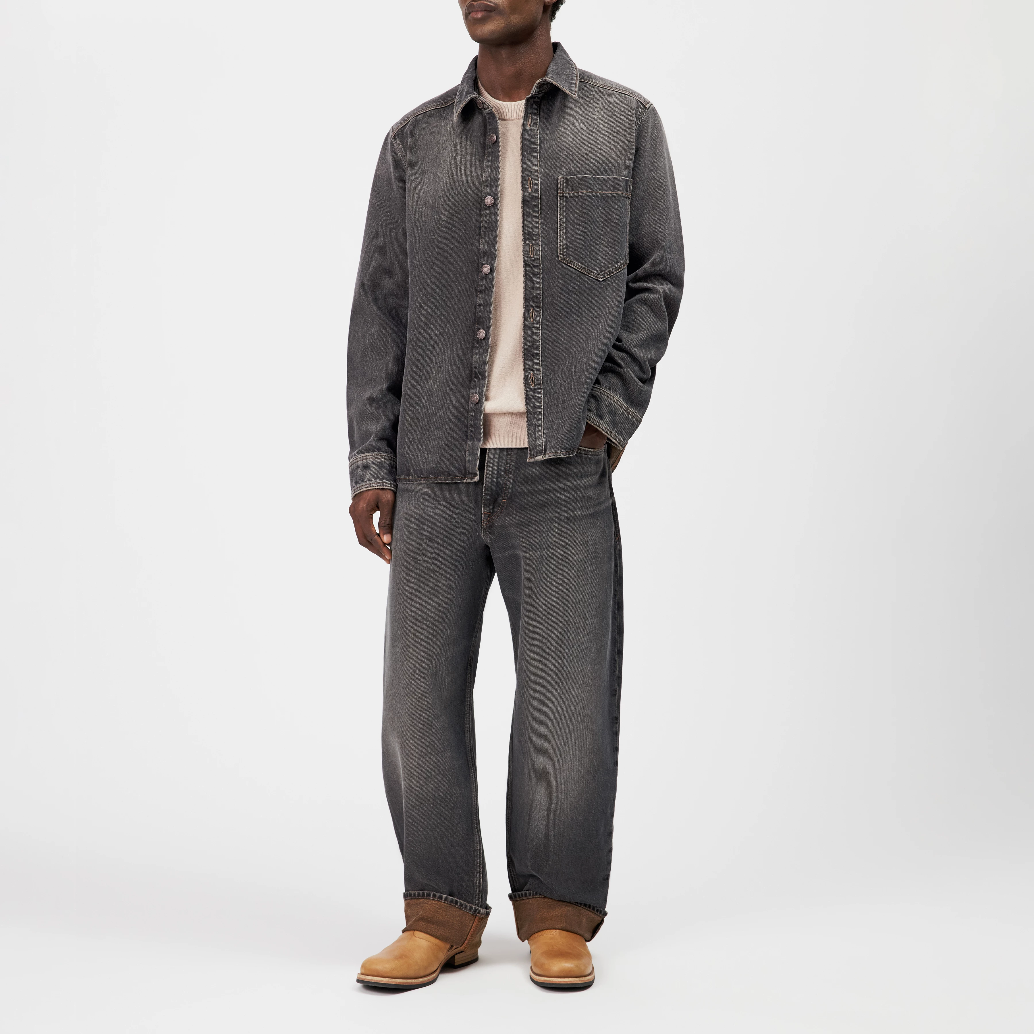 DIEGGO - Denim Overshirt with Chest Pocket - men - beige - Ganzkörper-Frontansicht