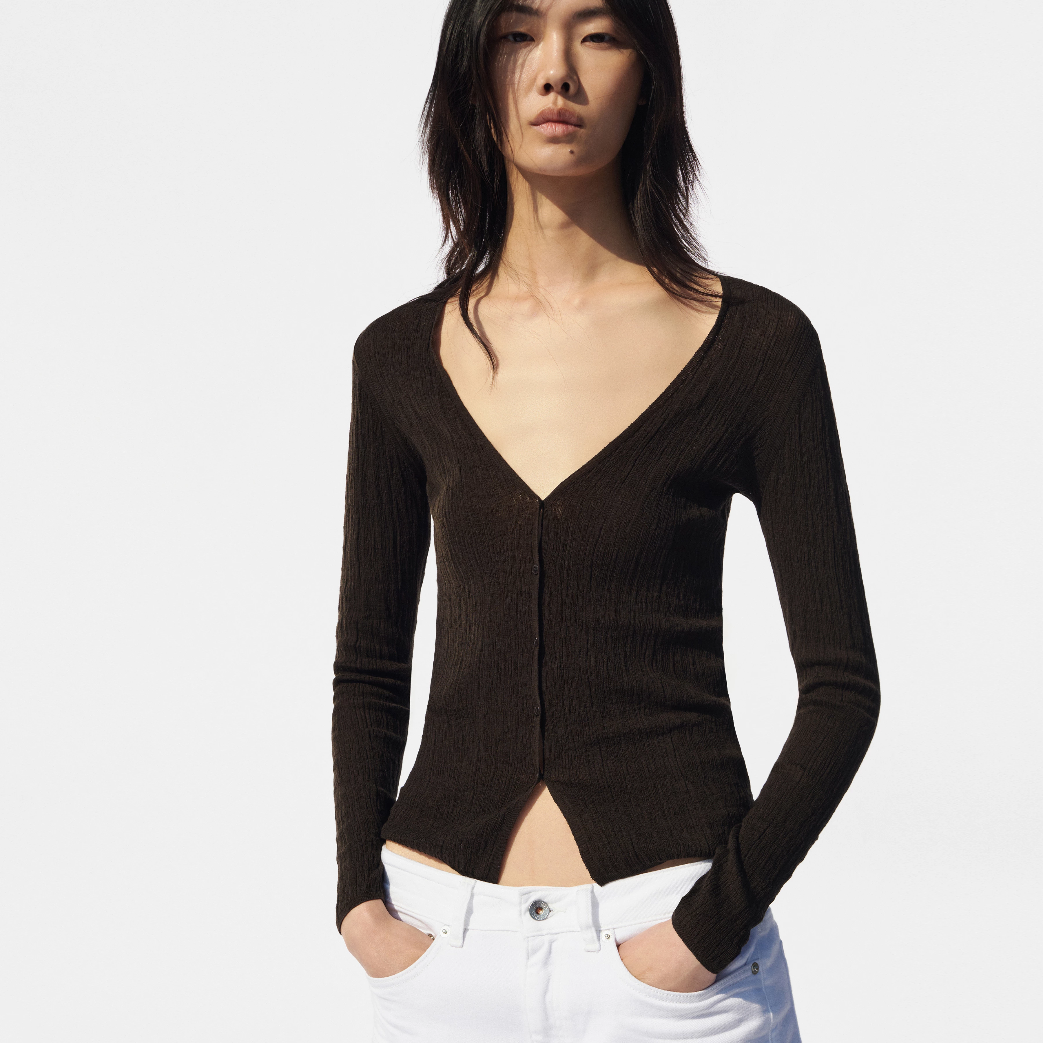 ANIELY - Tight Fit V-Neck Cardigan in Pure Cotton - women - brown