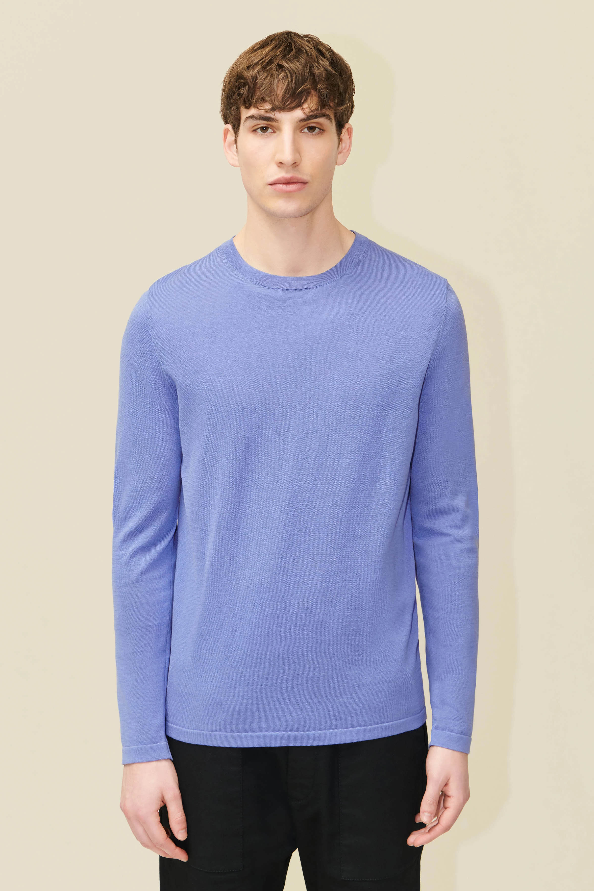 IRMINO - Strick Longsleeve in Regular Fit aus merzerisierter Baumwolle - Herren - blau - Frontansicht