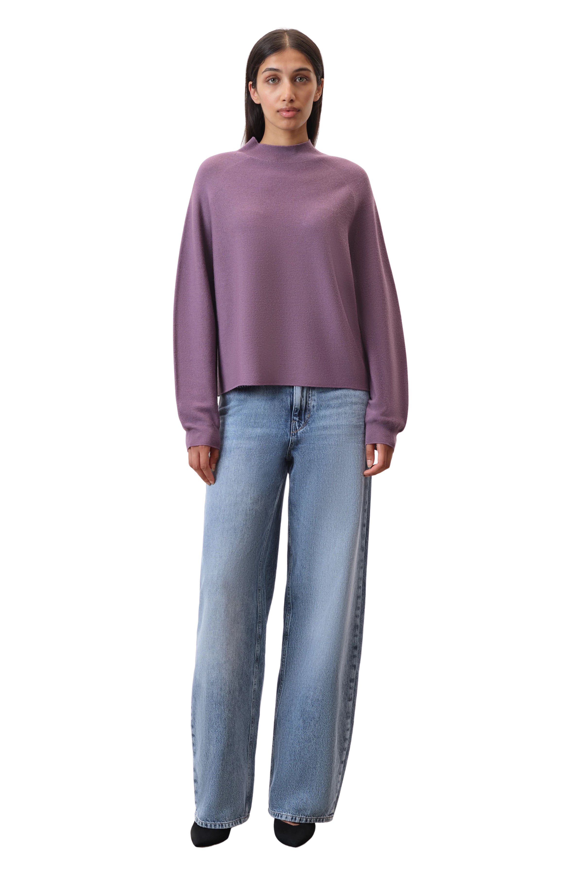 LOTIAMI - Verkürzter Pullover in 100% Merinowolle - Damen - lila - Ganzkörper-Frontansicht