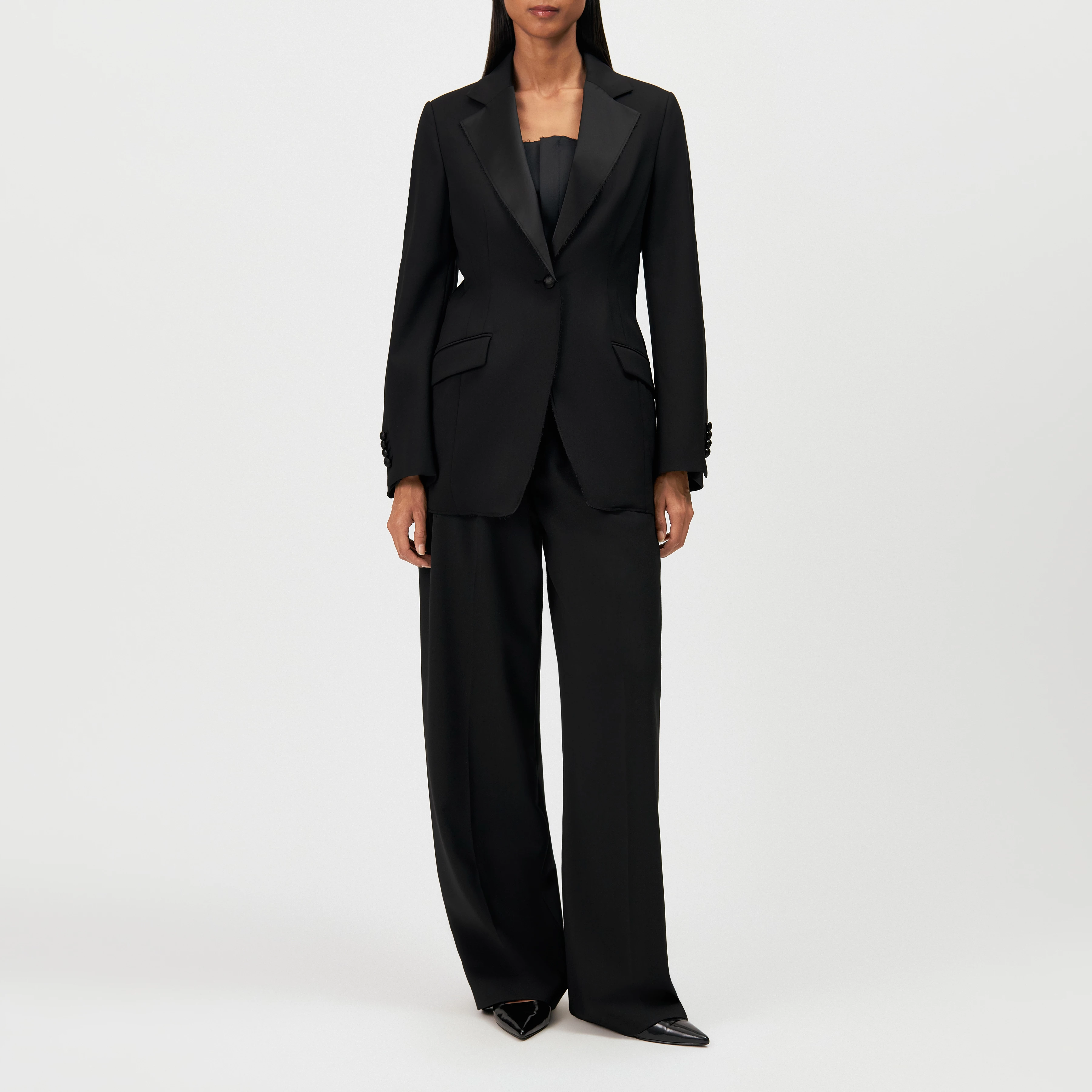 LINLEY_1 - Long blazer with notched lapels - women - black - Ganzkörper-Frontansicht