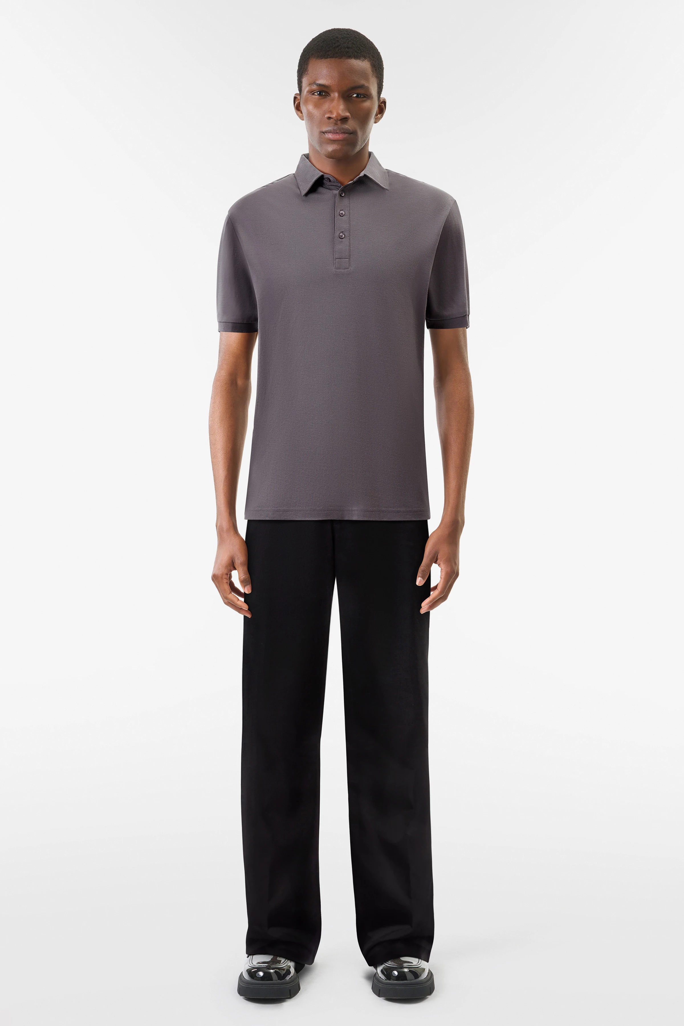 GARRY - 4-knoops polo met omgeslagen kraag in piqué - heren - grijs - Ganzkörper-Frontansicht