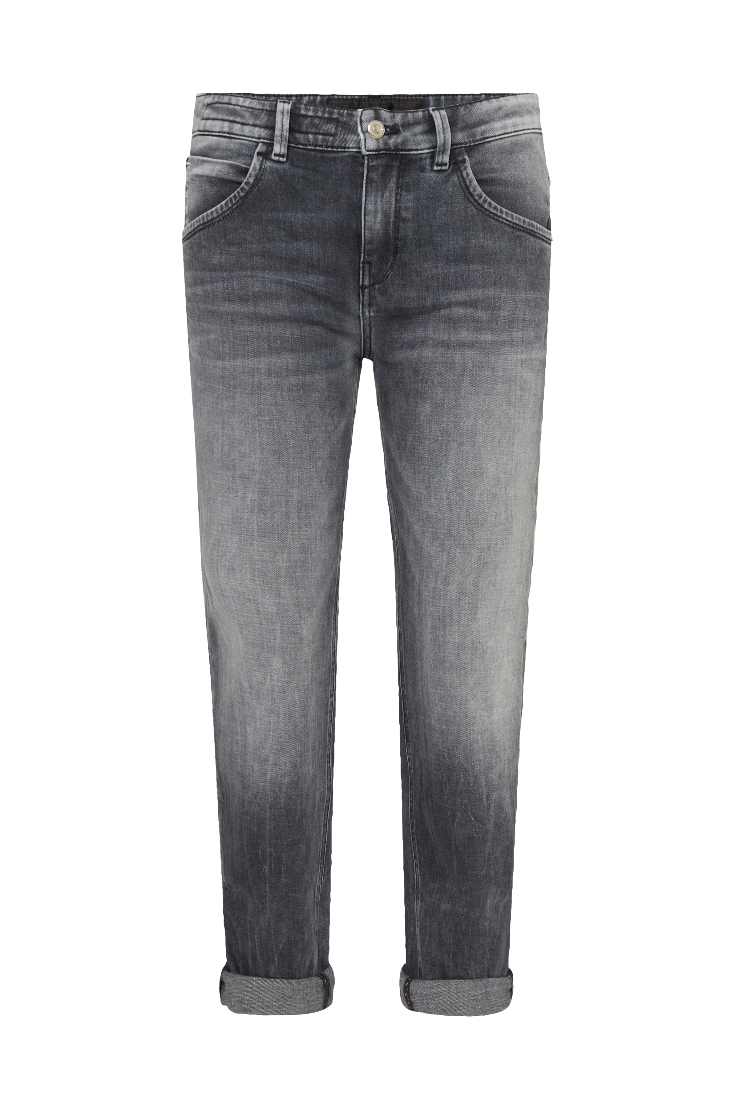 LIKE - Girlfriend Jeans mit Krempelsaum aus soft-touch Denim mit Used-Effekten - Damen - grau - Freisteller Frontansicht