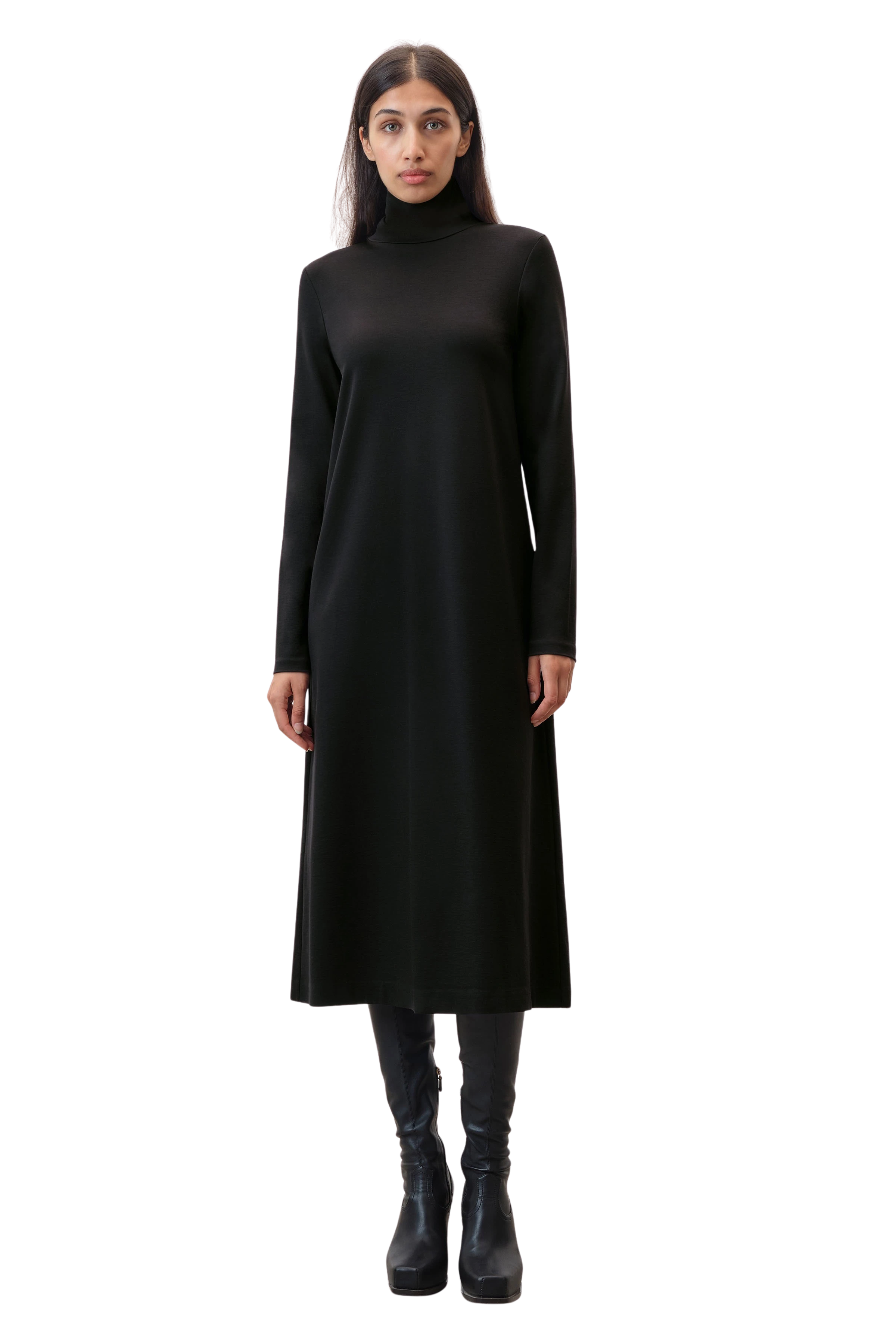 GEDRA - jurk met lange mouwen en opstaande kraag in lyocellmix - dames - zwart - Ganzkörper-Frontansicht