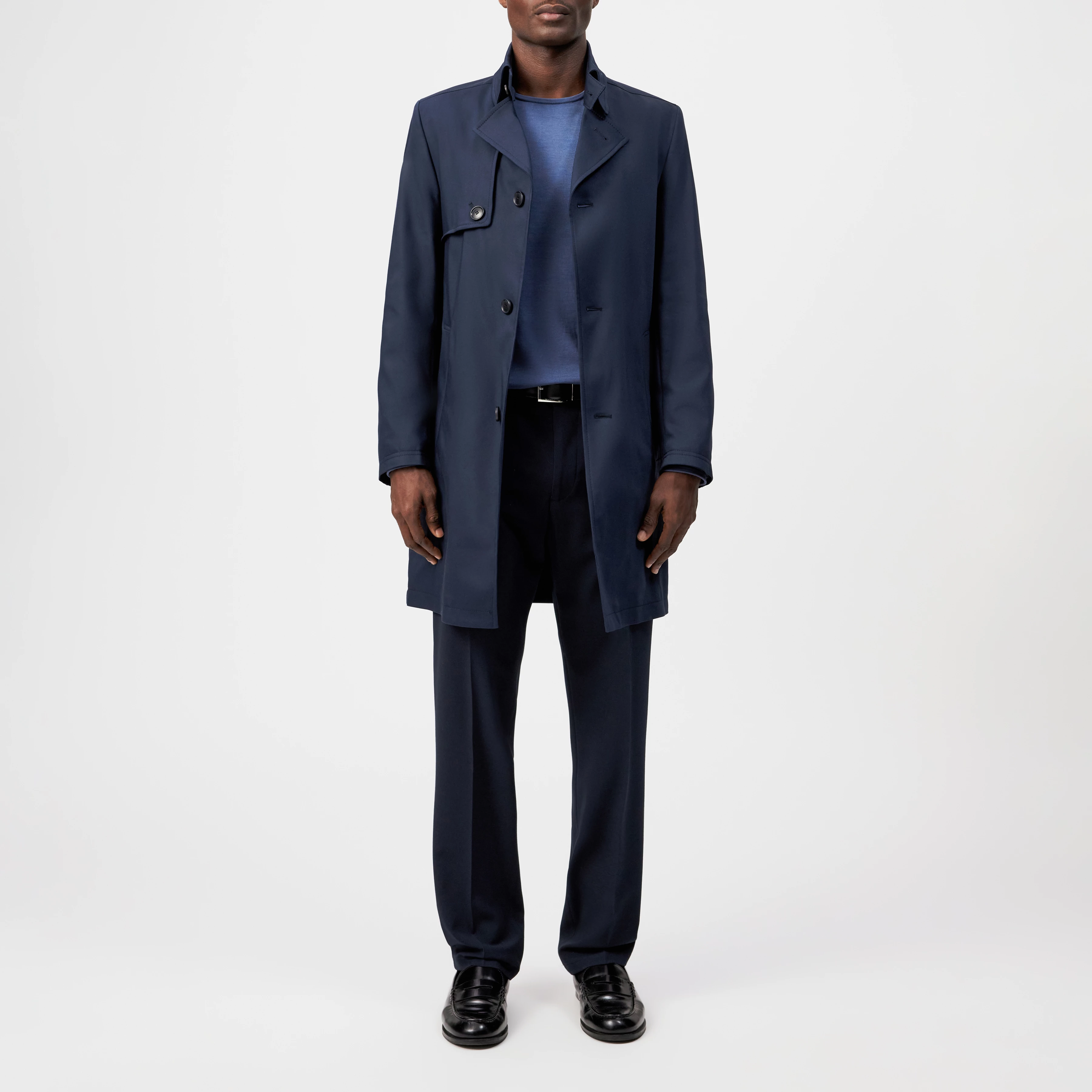 SKOPJE_C - Trench coat in techno stretch satin - men - blue - Ganzkörper-Frontansicht