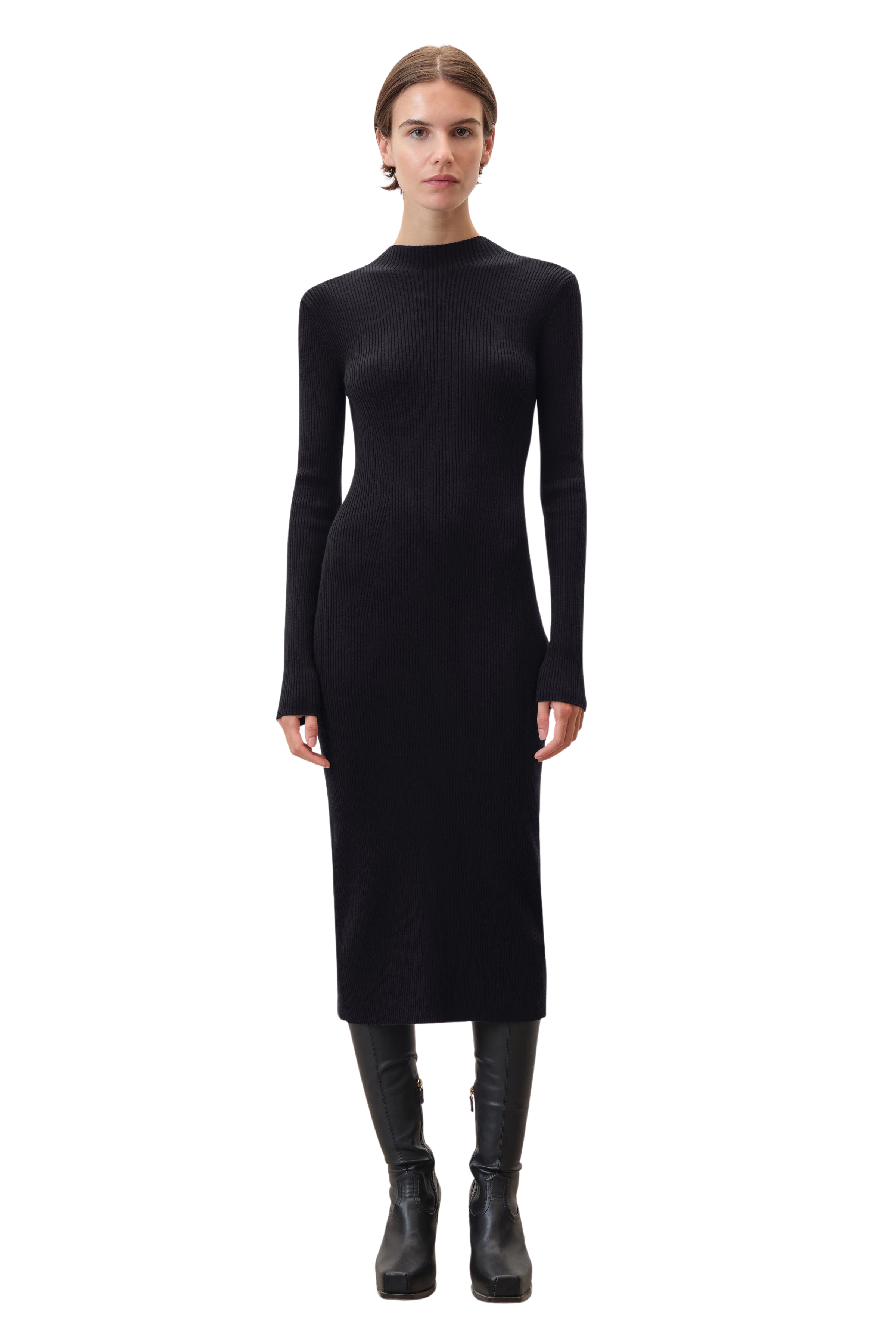 AMARILIA_2 - Strak gebreide jurk in lyocell-wolmix - dames - zwart - Ganzkörper-Frontansicht