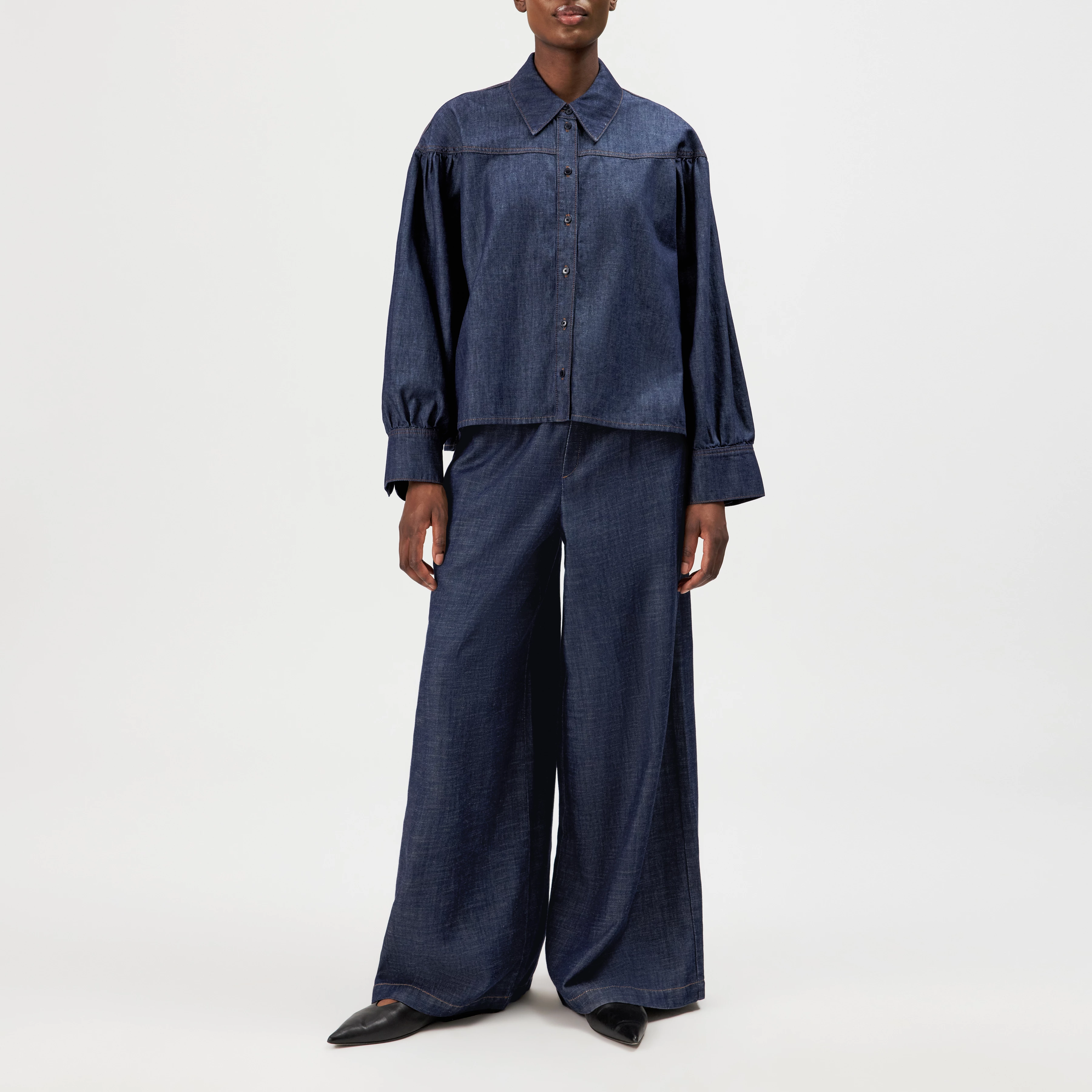 SELENI - Shirt blouse in pure cotton - women - blue - Ganzkörper-Frontansicht